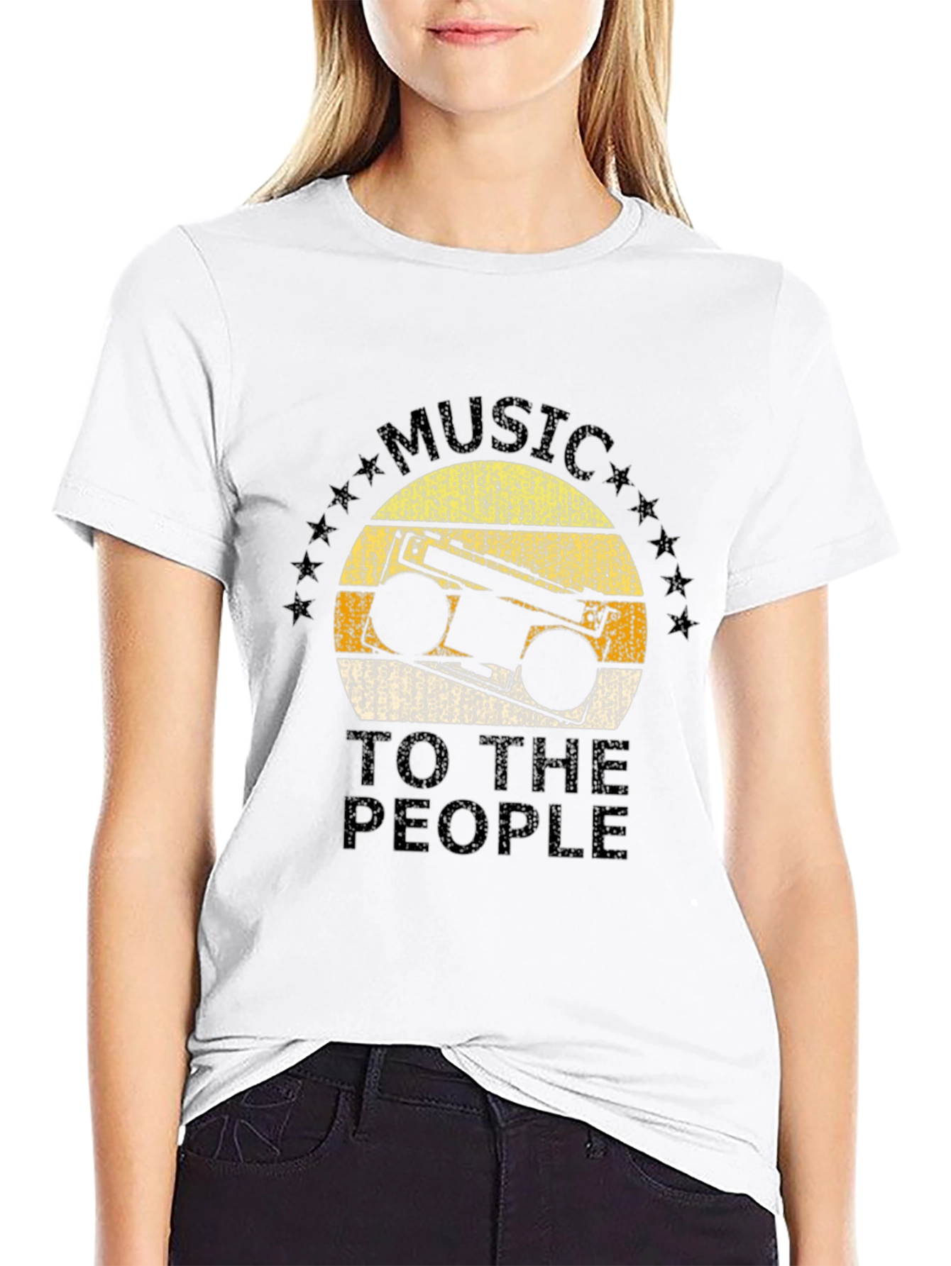 Black Retro Boombox Music to the People Black T-Shirt view 9
