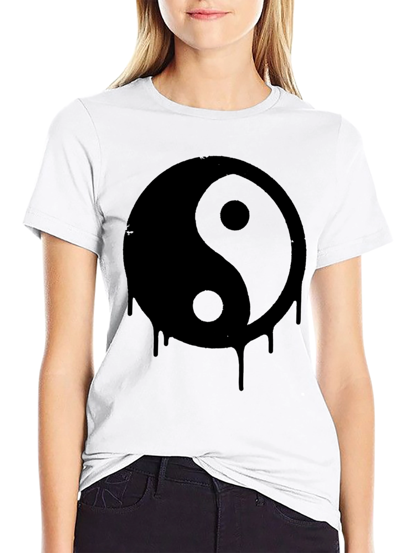 Black Yin Yang Drip Graphic Tee - Black Cotton T-Shirt view 9