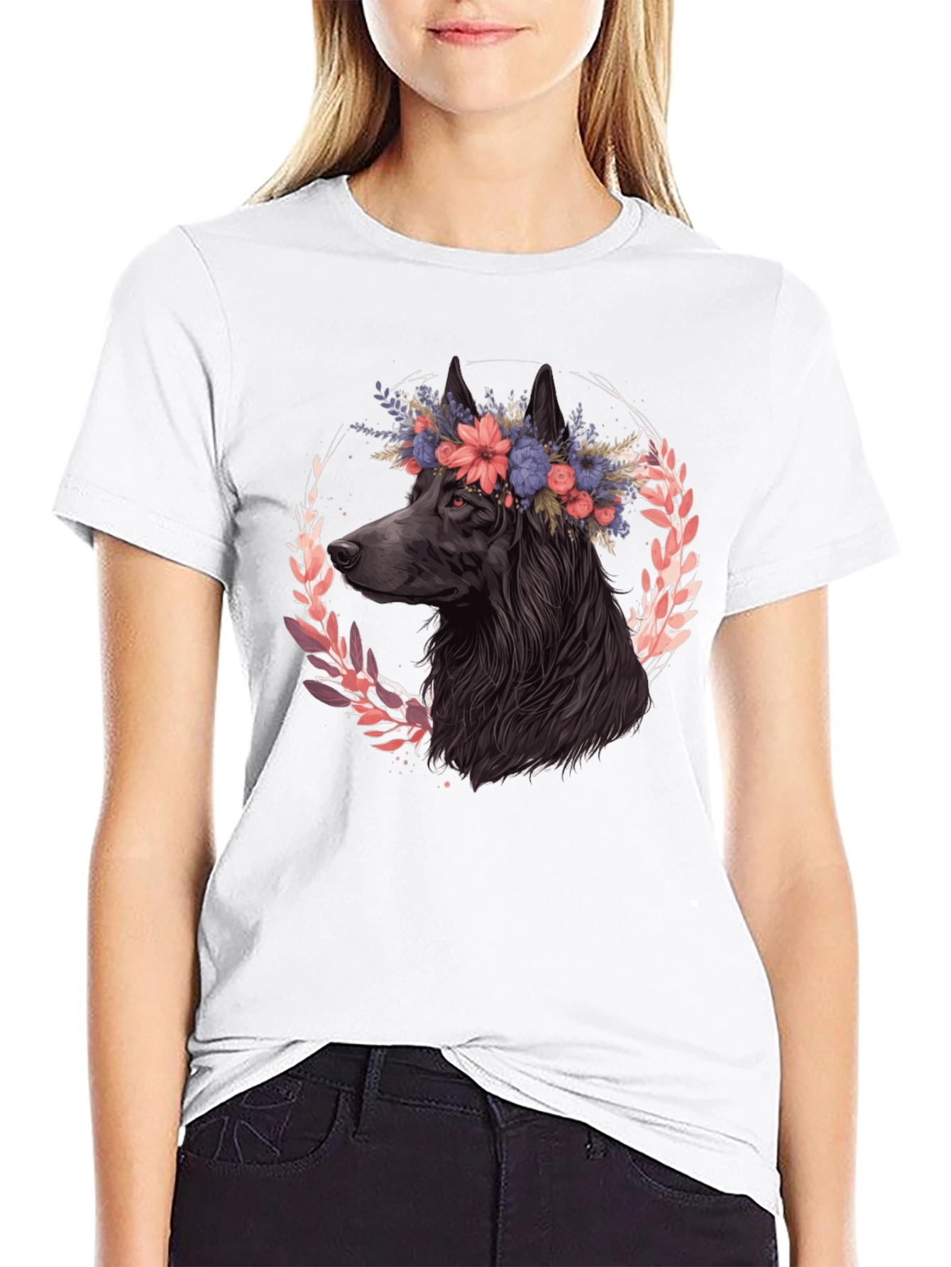 Black Floral Dog Graphic Tee - Black Cotton T-Shirt view 9