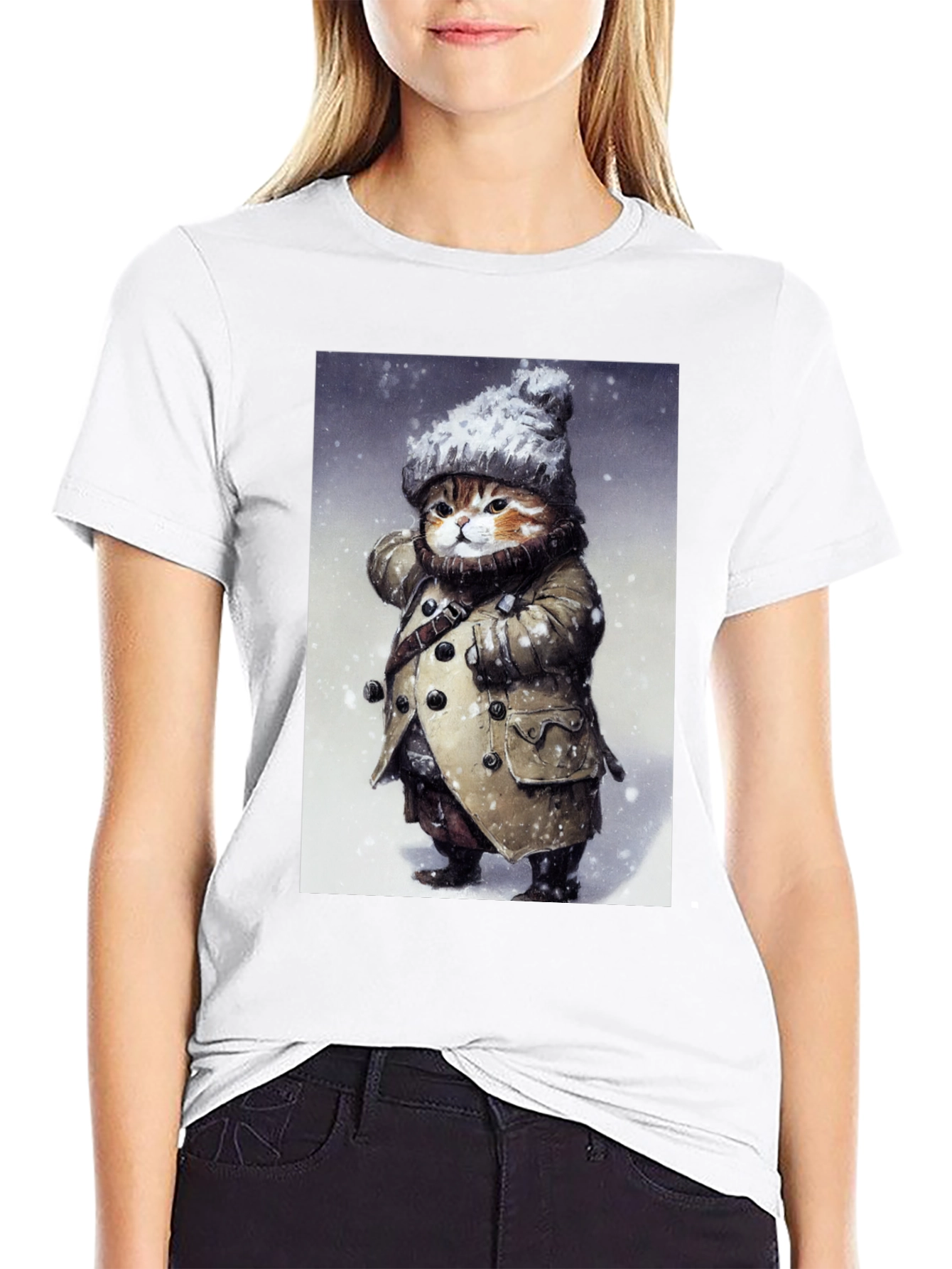 Black Winter Cat in Coat T-Shirt - Unique Graphic Tee view 9