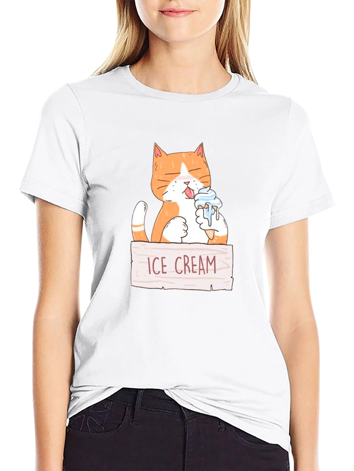 Black Funny Cat Eating Ice Cream Graphic T-Shirt view 9