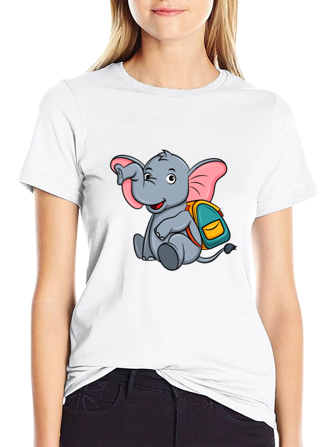 Black Cute Elephant with Backpack Black T-Shirt view 9