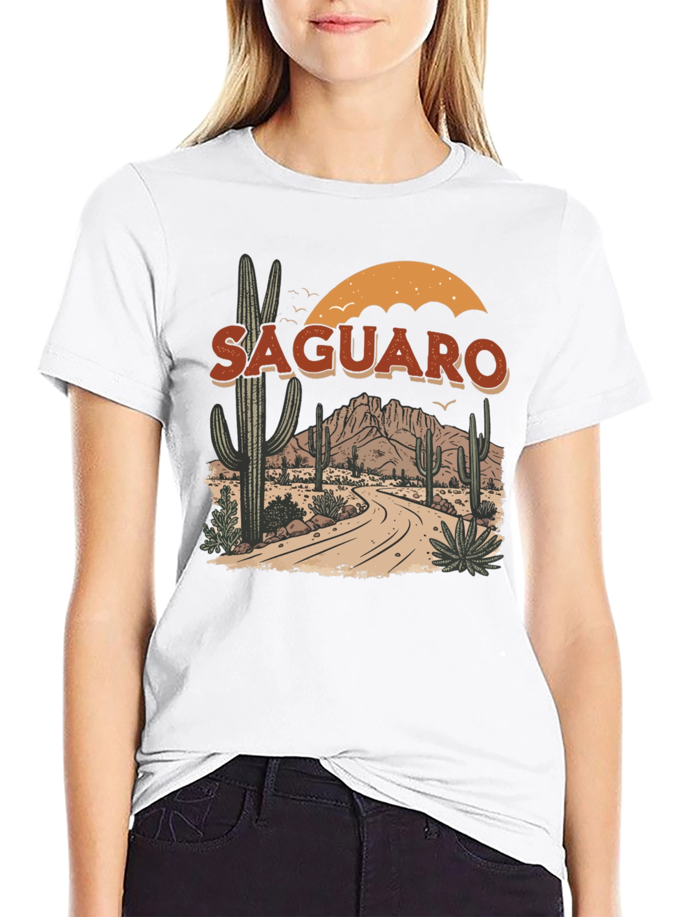 Black Saguaro Desert Graphic Tee - Black Cotton T-Shirt view 9