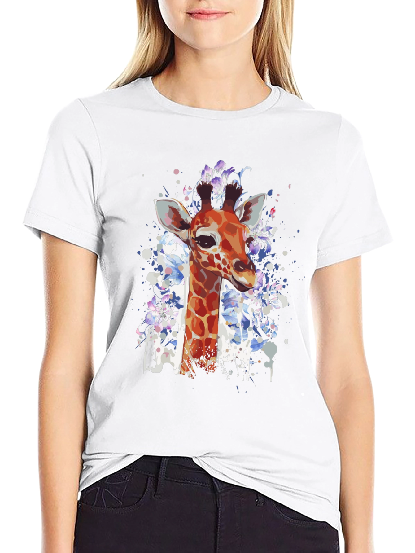 Black Giraffe Watercolor Graphic Tee - Casual Black T-Shirt view 9