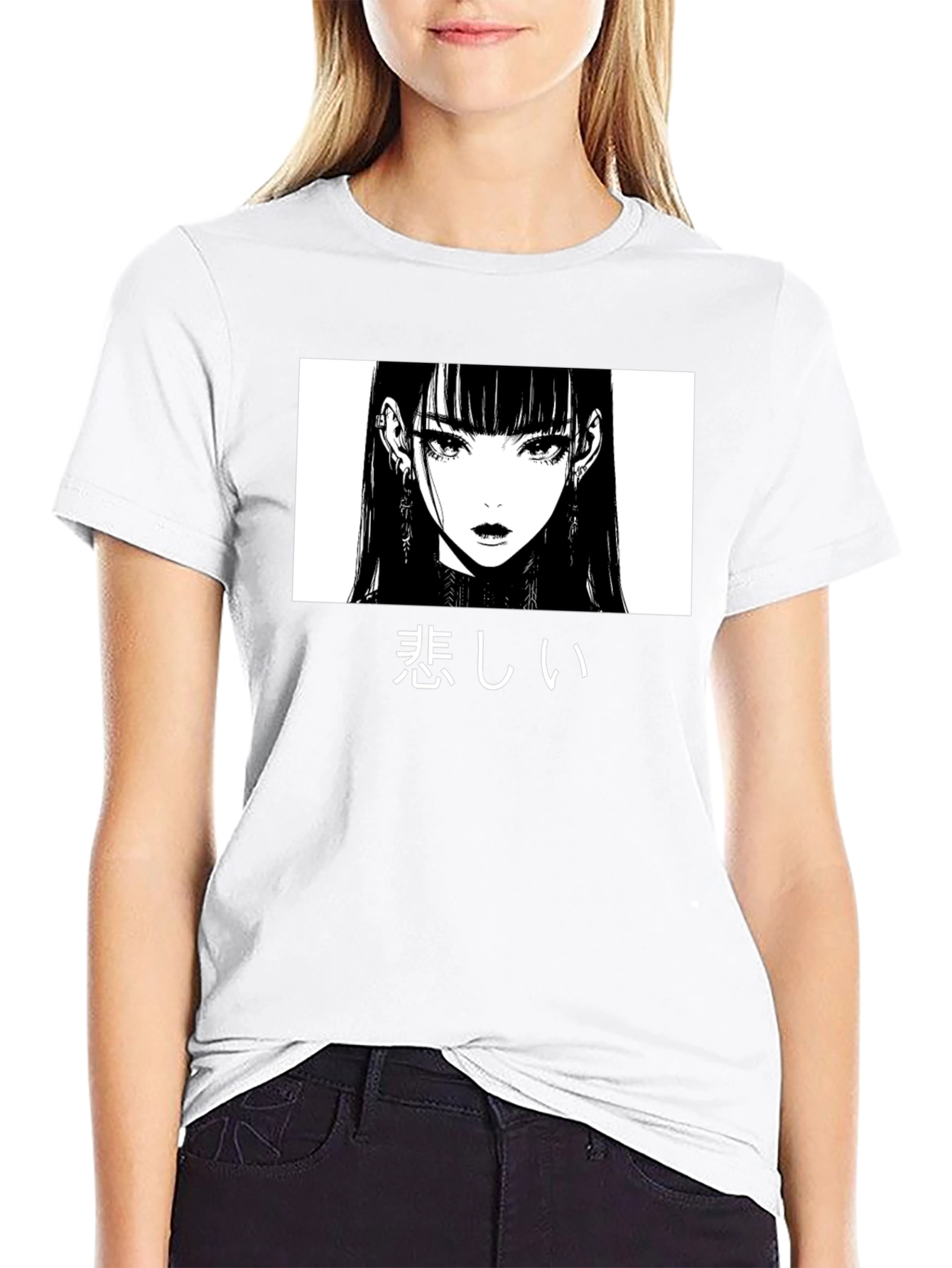 Black Sad Anime Girl Graphic T-Shirt view 9