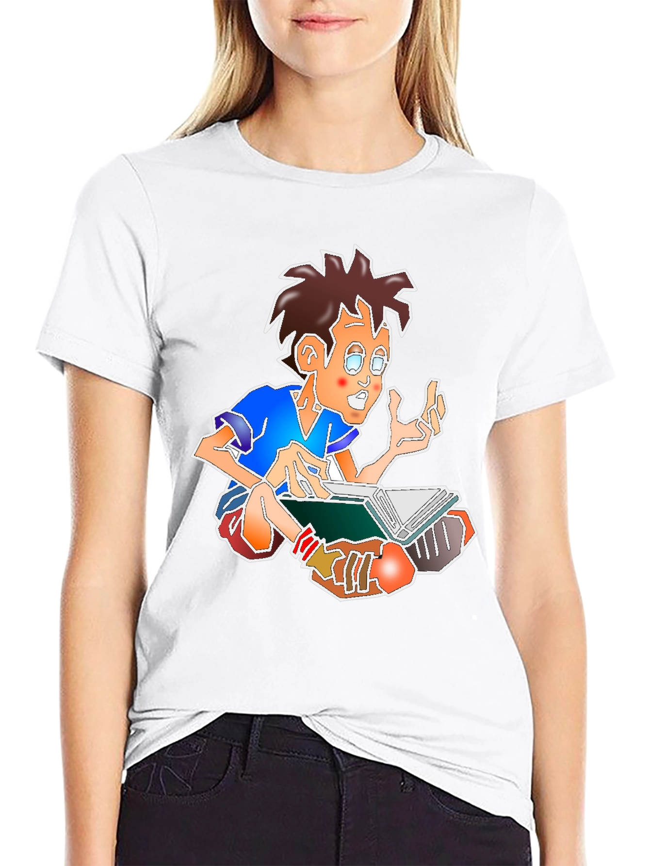Black Cartoon Boy Reading Book Black Tee view 9