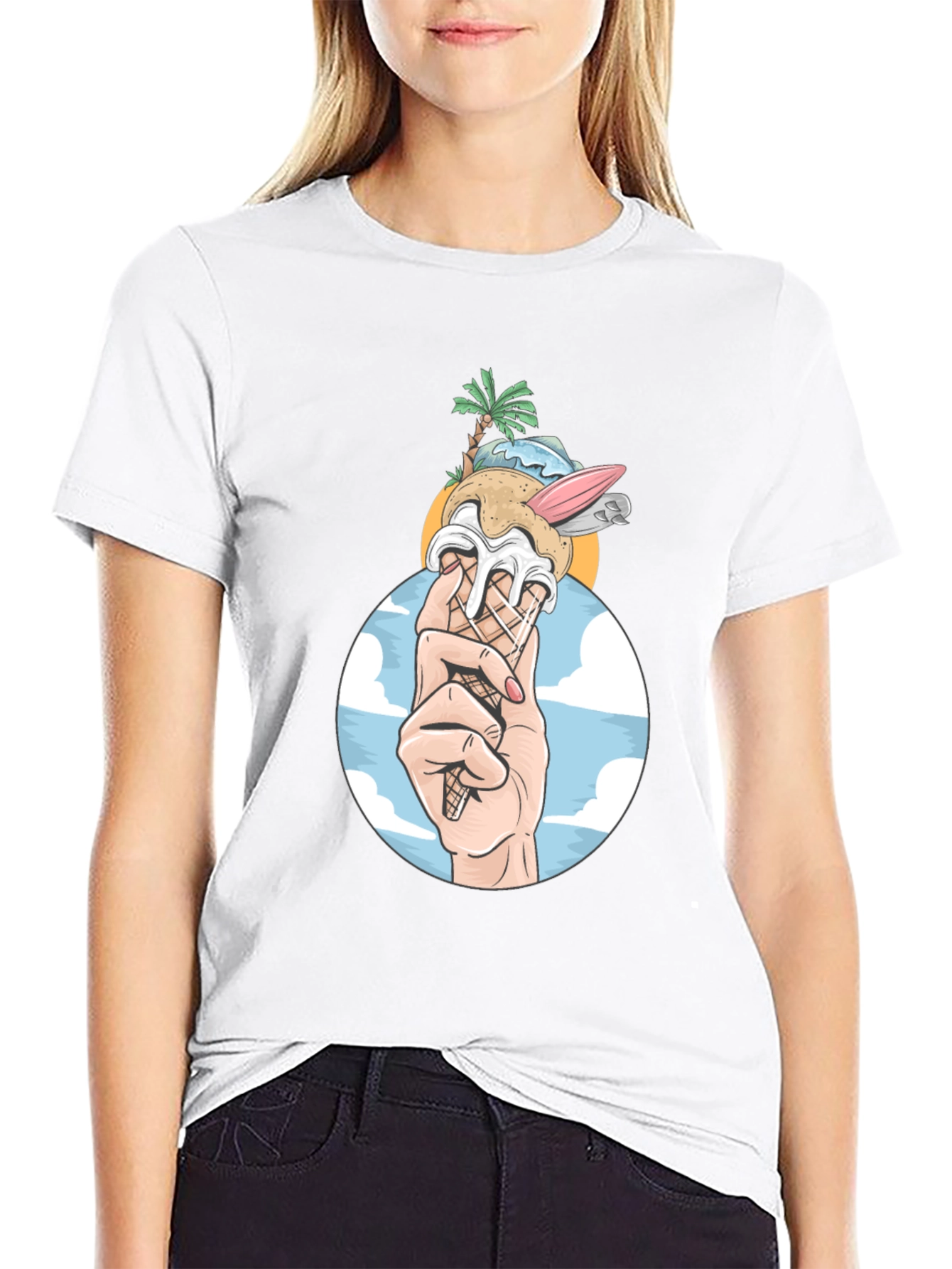 Black Tropical Ice Cream Cone Graphic Tee - Black Cotton Shirt view 9