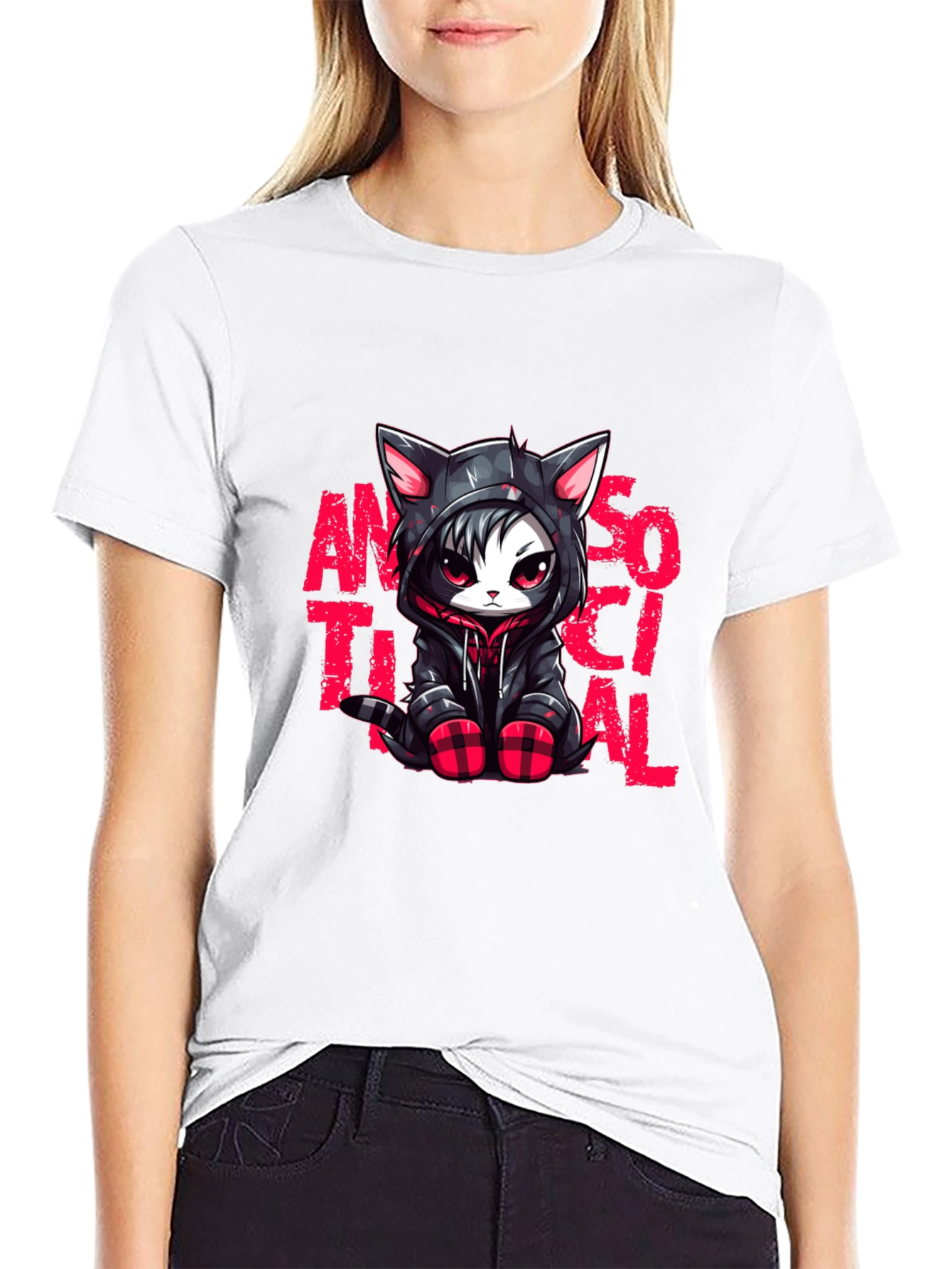 Black Antisocial Cat Graphic Black T-Shirt view 9