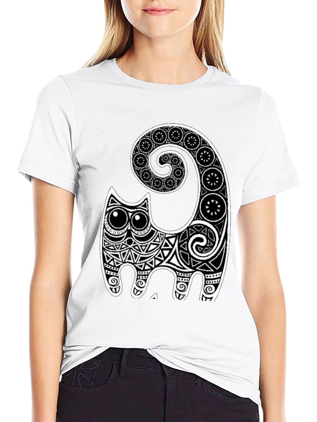 Black Tribal Cat Graphic Tee - Black view 9