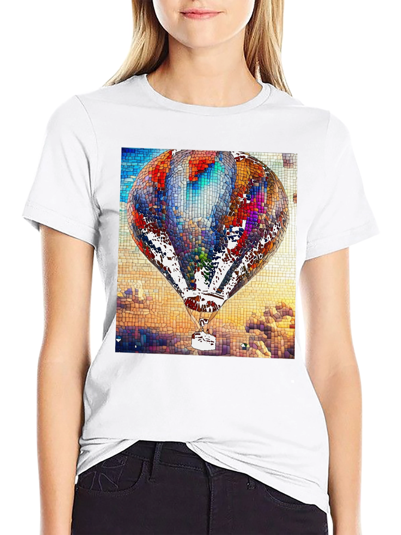 Black Mosaic Hot Air Balloon Black T-Shirt view 9