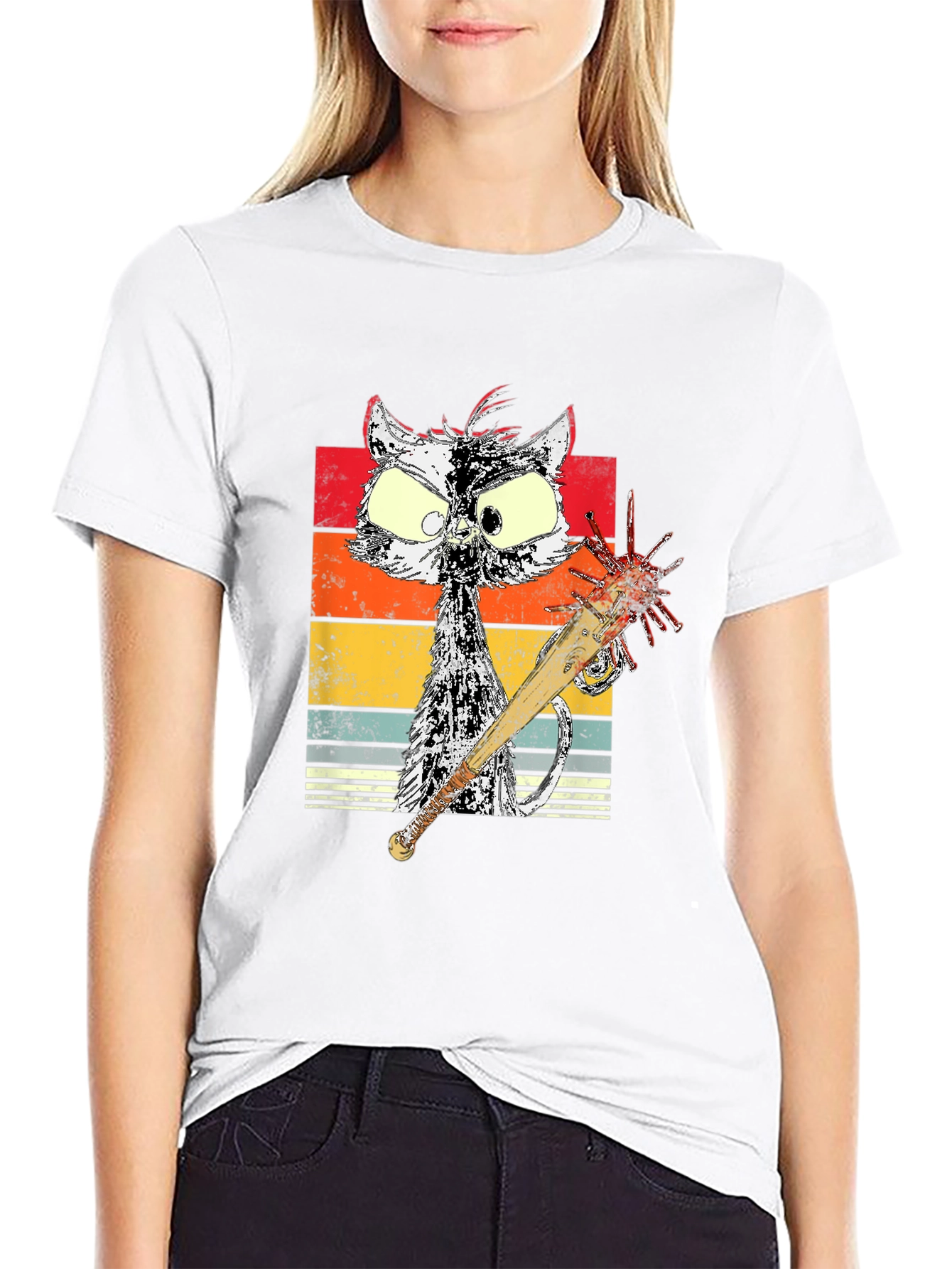 Black Retro Cat with Spiked Bat Graphic Tee view 9