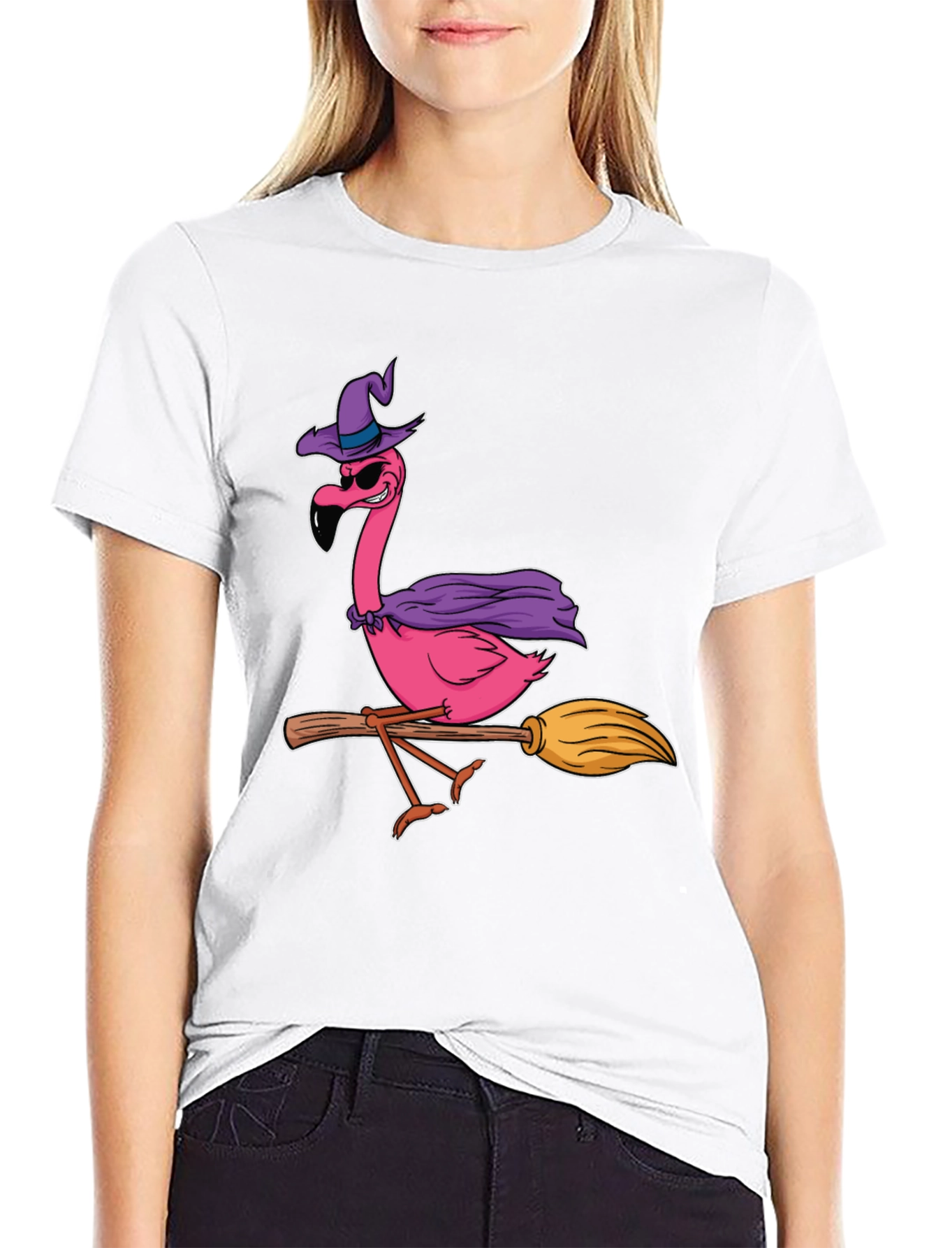 Black Witch Flamingo T-Shirt Halloween Costume Tee view 9