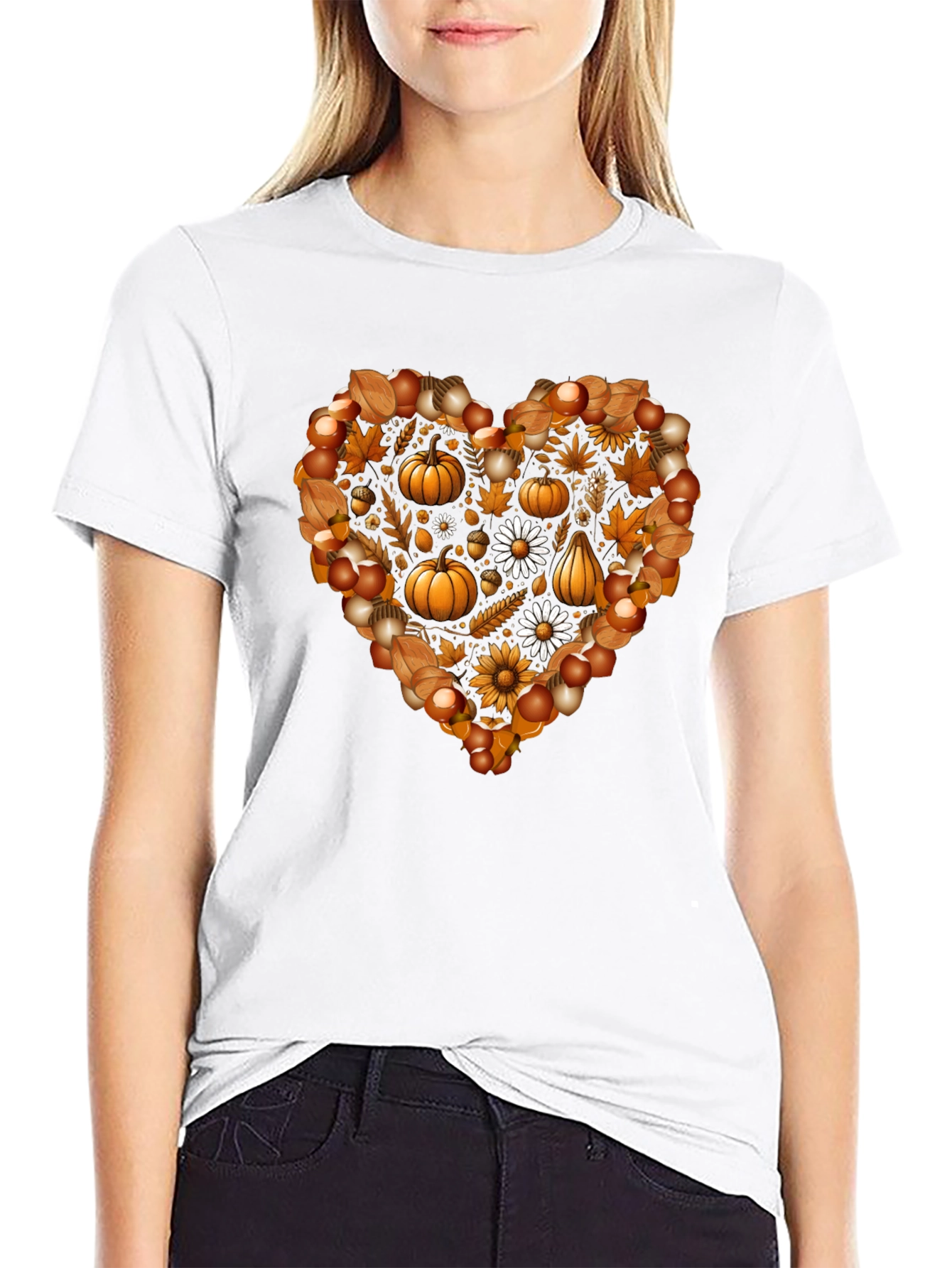 Black Fall Heart T-Shirt - Pumpkin & Floral Design view 9