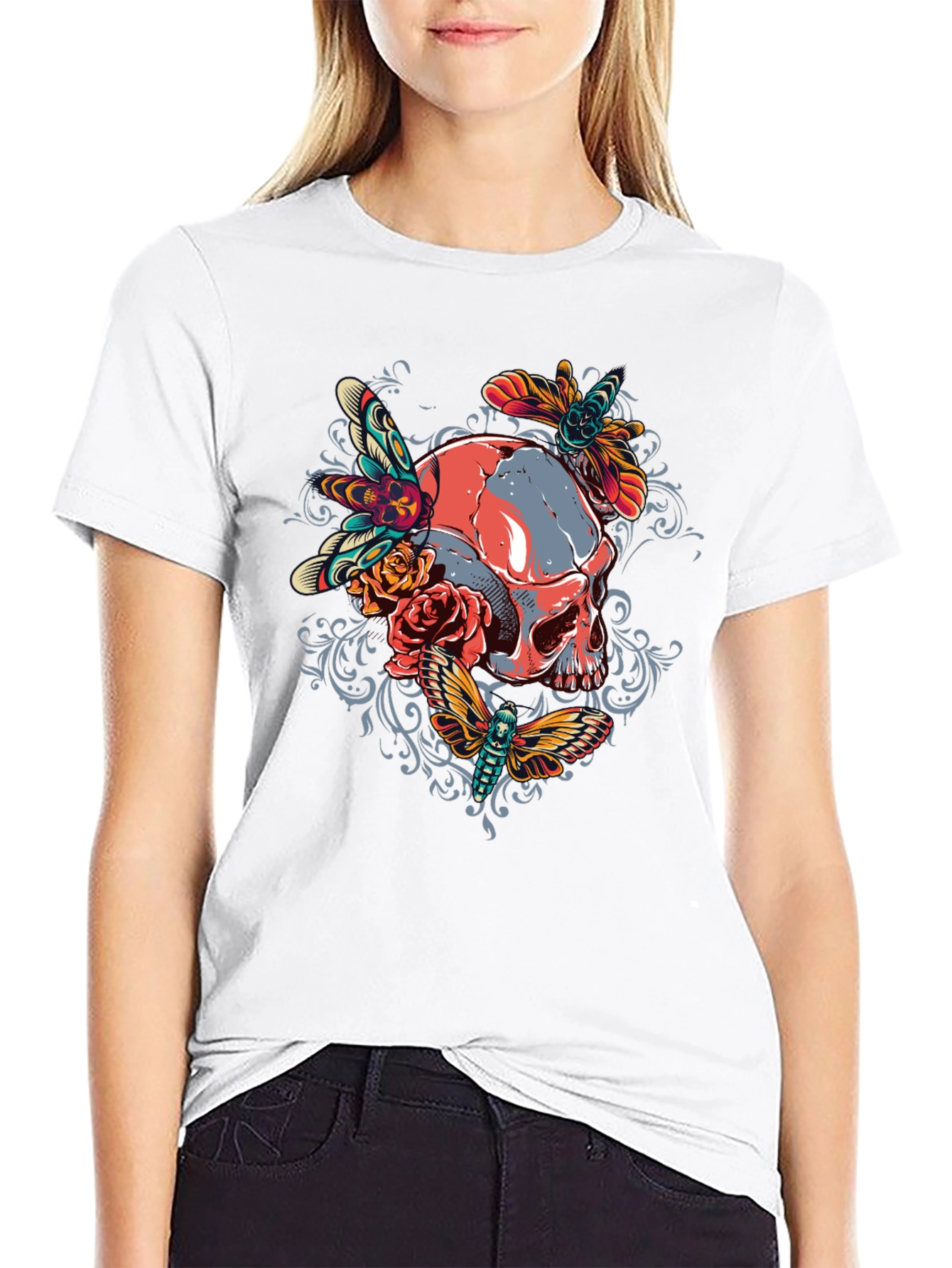 Black Skull & Moth Graphic Tee - Men's Black T-Shirt view 9