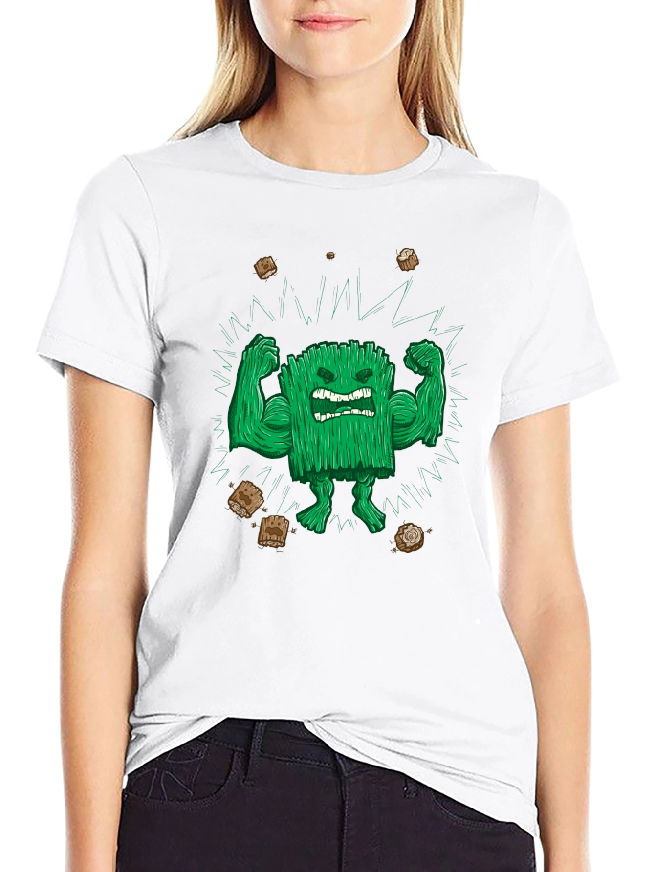 Black Funny Graphic T-Shirt: Grass Character Flexing view 9