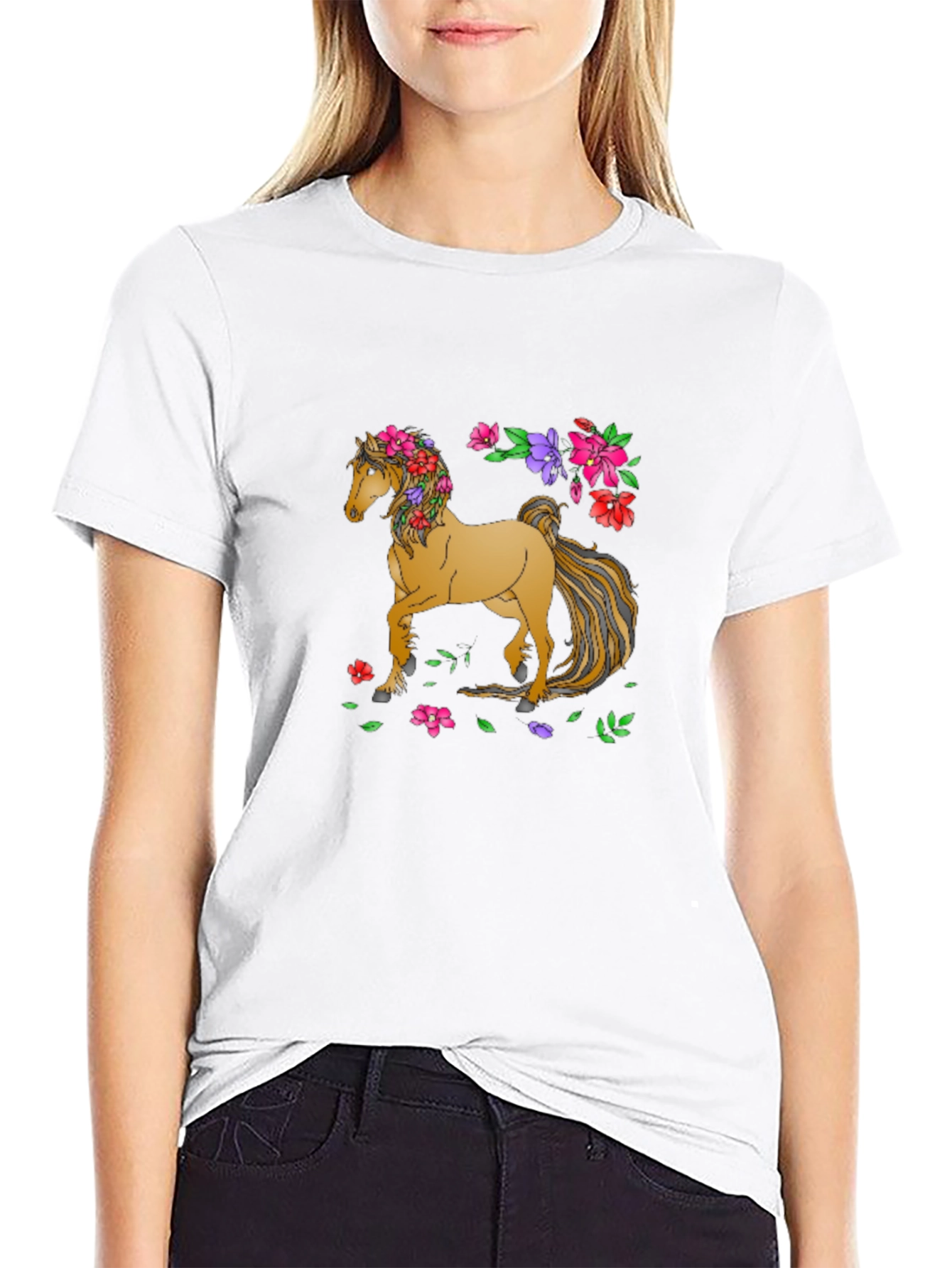 Black Floral Horse T-Shirt - Artistic Graphic Tee view 9