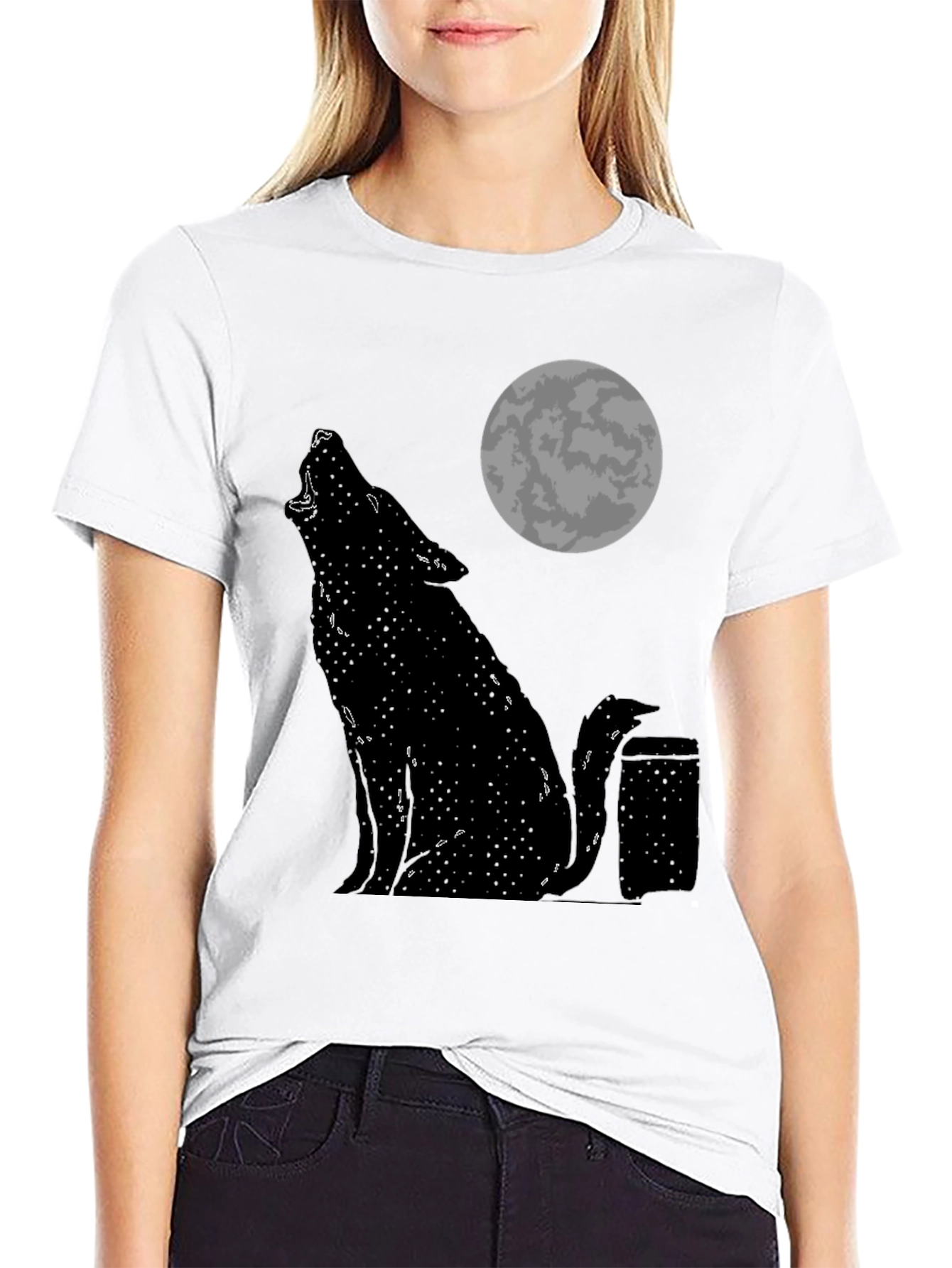 Black Wolf Howling at Moon Graphic Tee - Black Cotton T-Shirt view 9