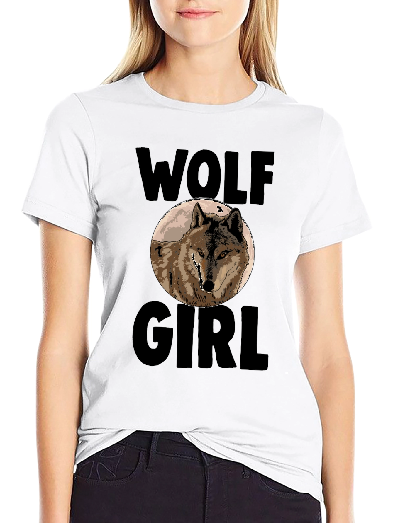 Black Wolf Girl Graphic Print T-Shirt - Black view 9