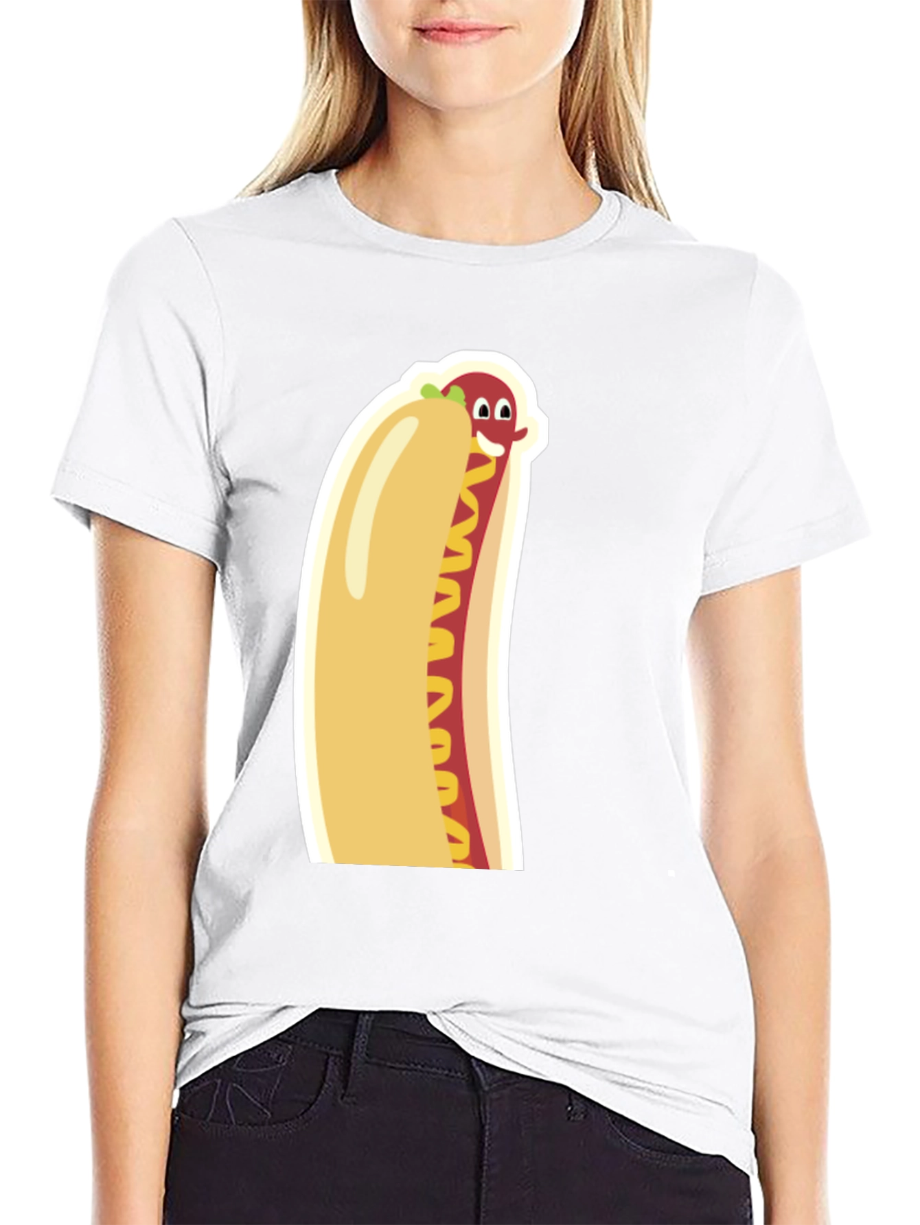 Black Funny Cartoon Hot Dog Graphic Tee - Unisex Black T-Shirt view 9