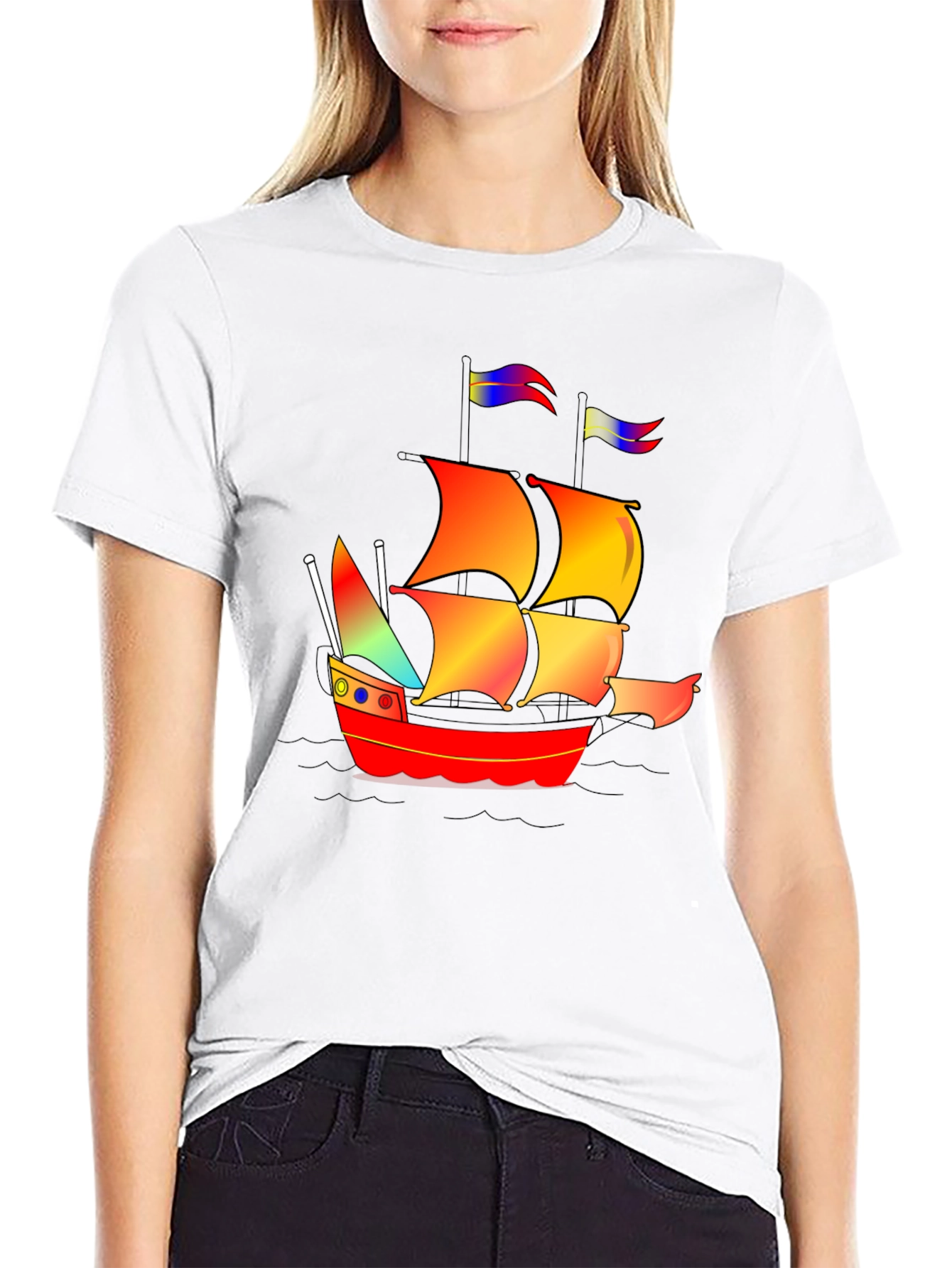 Black Colorful Pirate Ship Graphic Tee view 9