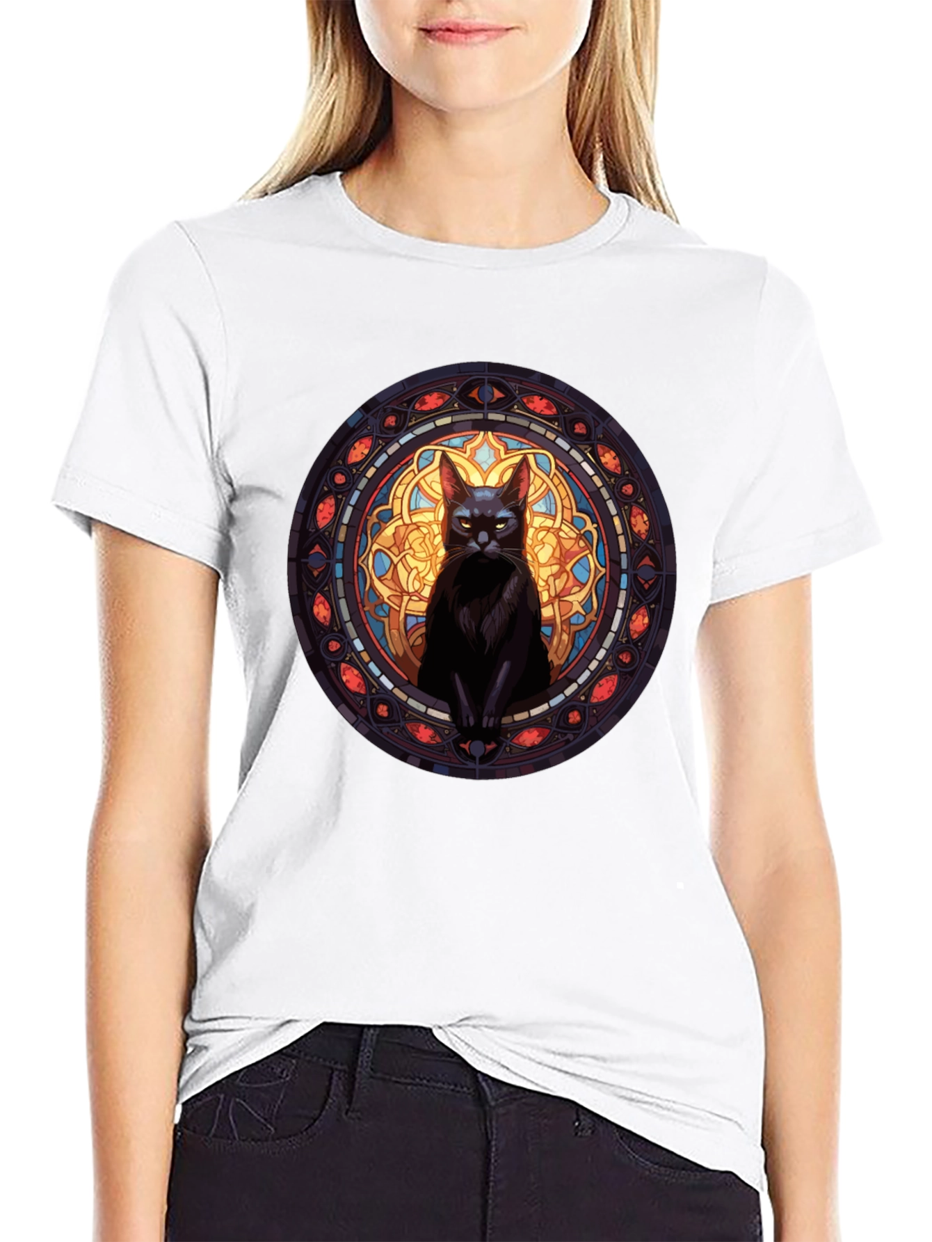 Black Stained Glass Cat Graphic Tee view 9