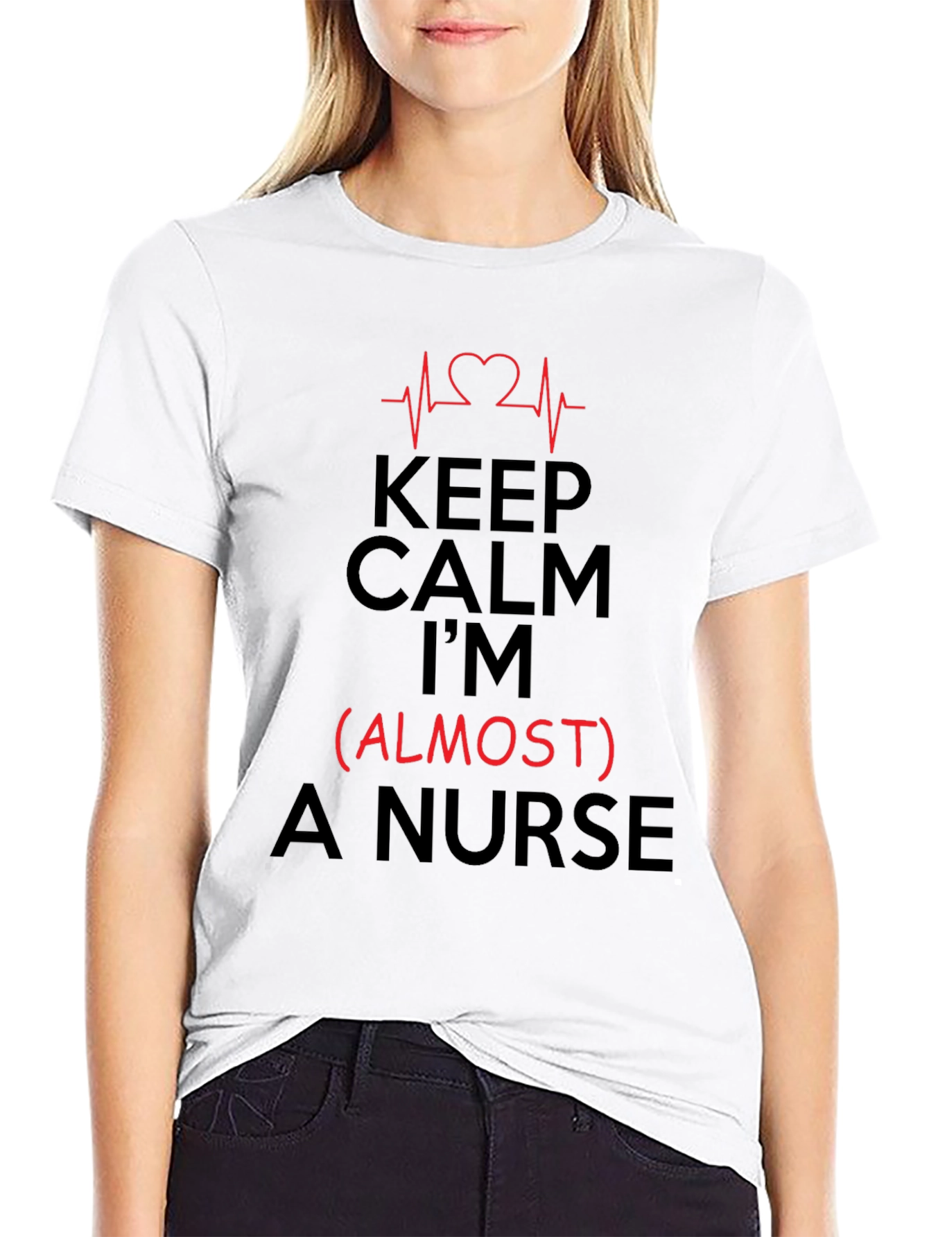 Black Keep Calm I'm (Almost) A Nurse T-Shirt view 9