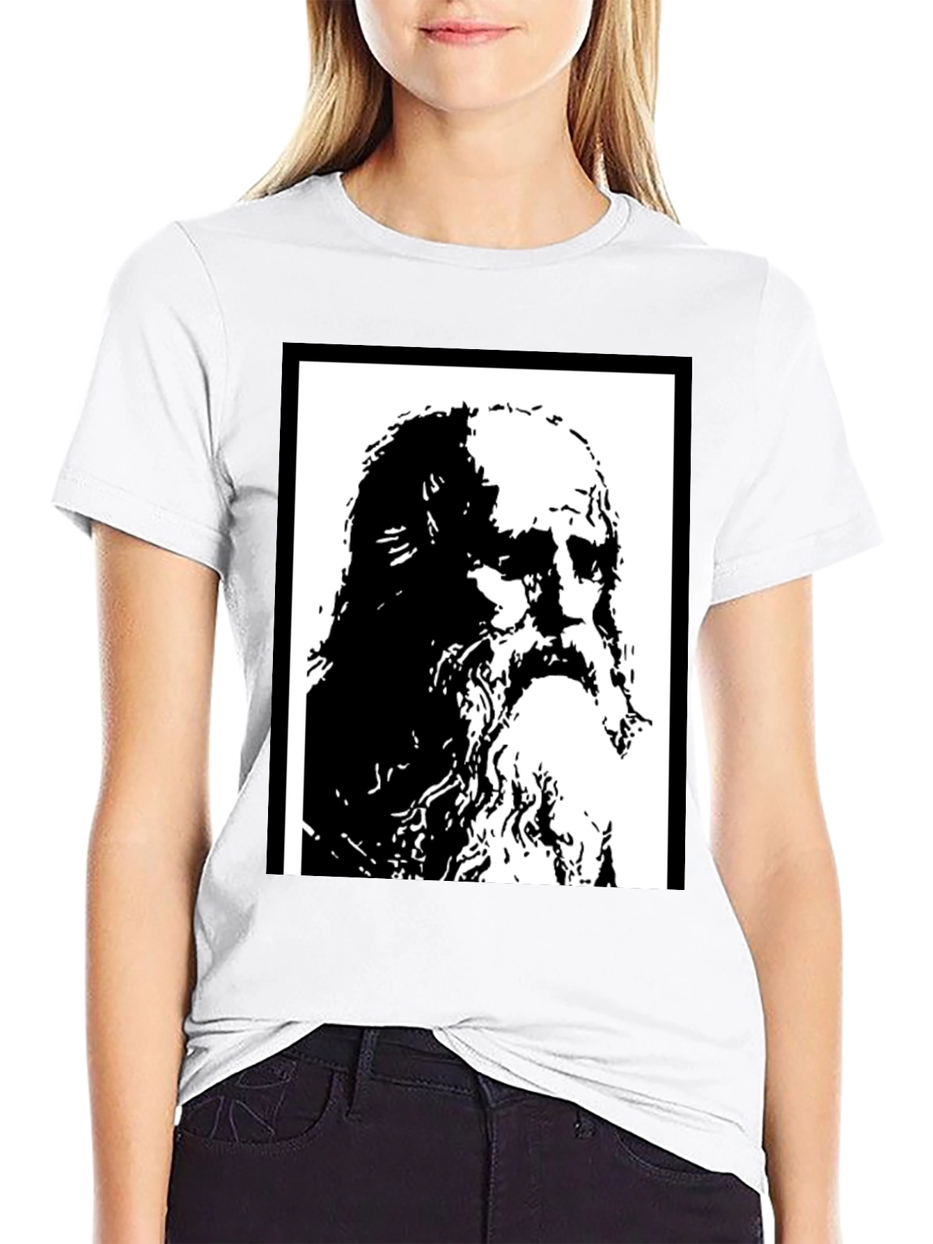 Black Black T-Shirt with Artistic Portrait Print view 9