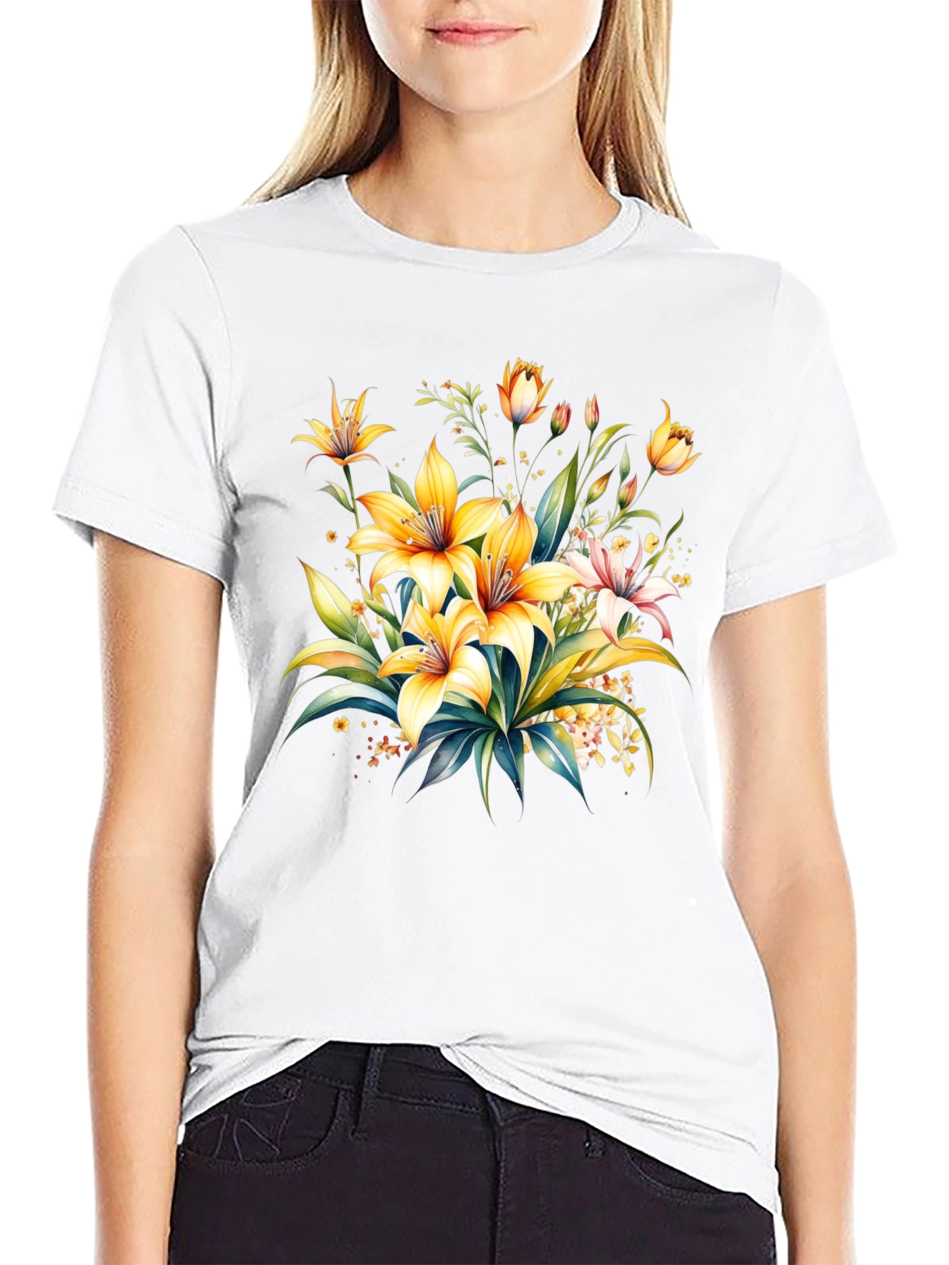 Black Floral Lily Graphic Tee - Black Cotton T-Shirt view 9