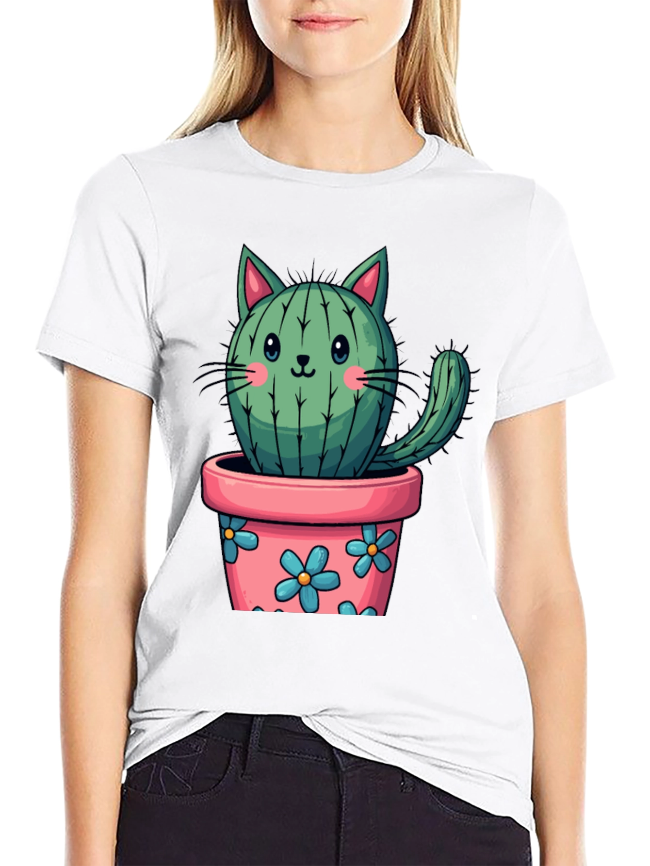 Black Cactus Cat T-Shirt - Potted Plant Kitten Tee view 9