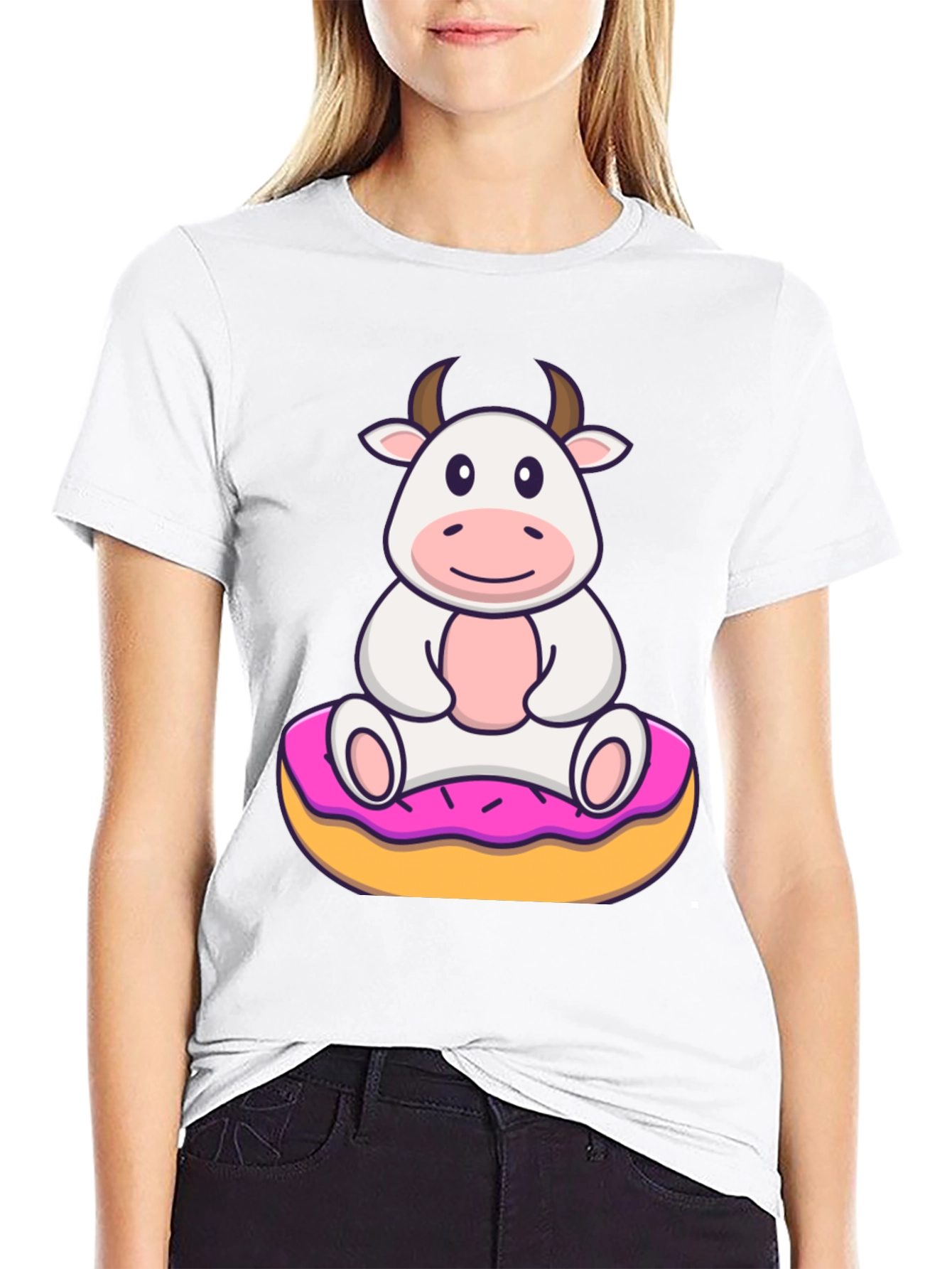 Black Cow on Donut Graphic Tee - Cute Cartoon Style view 9