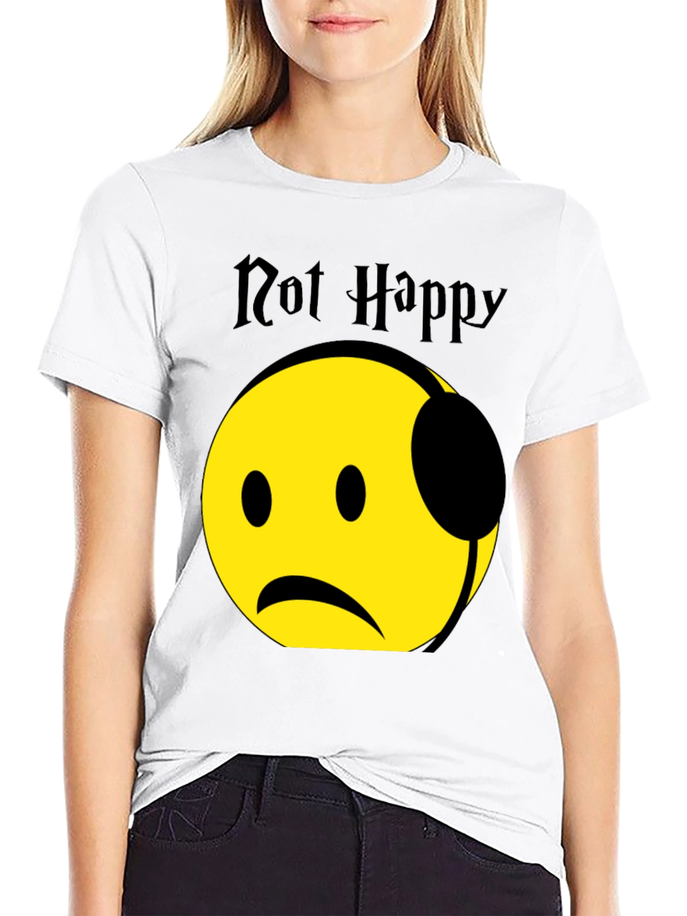 Black Not Happy Emoji Graphic T-Shirt - Trendy Casual Wear view 9