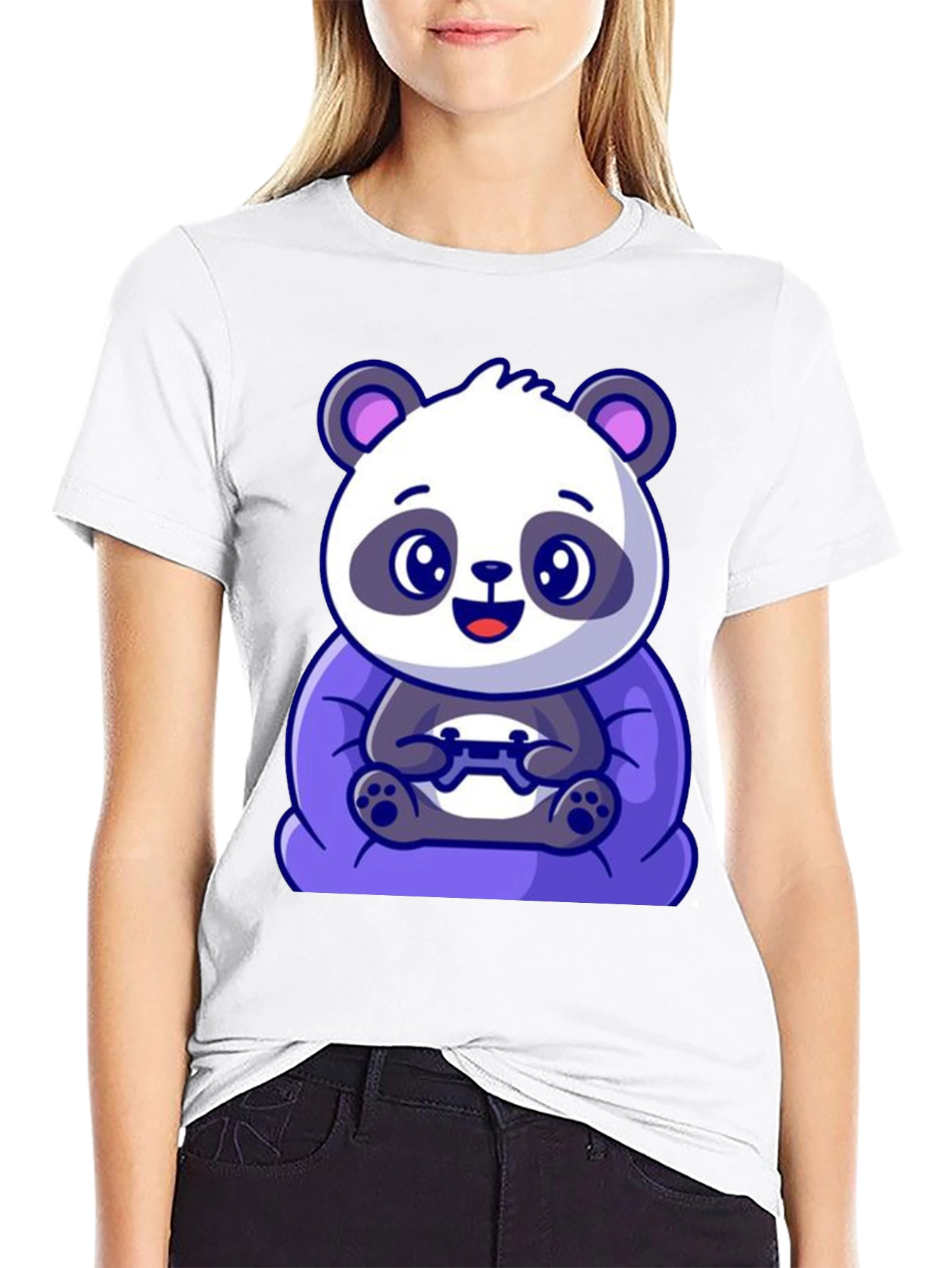 Black Cute Gamer Panda T-Shirt - Black Cotton Tee view 9