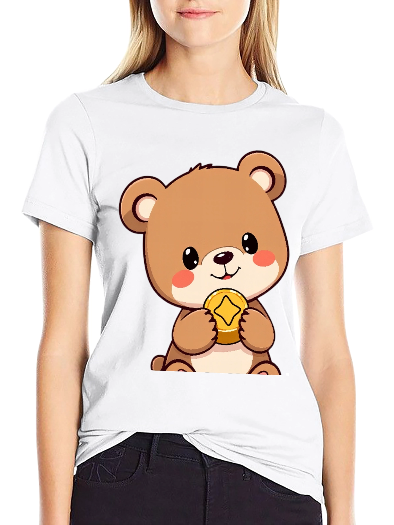 Black Cute Bear with Coin Black T-Shirt view 9