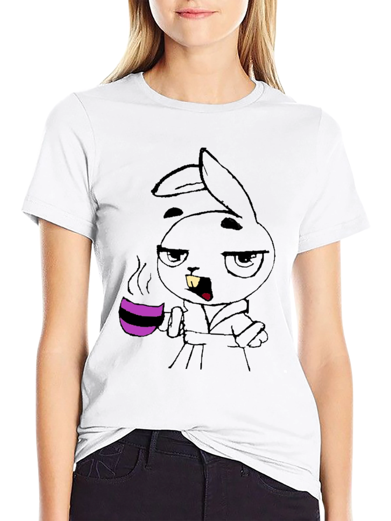 Black Grumpy Bunny Coffee T-Shirt - Black Cotton Tee view 9