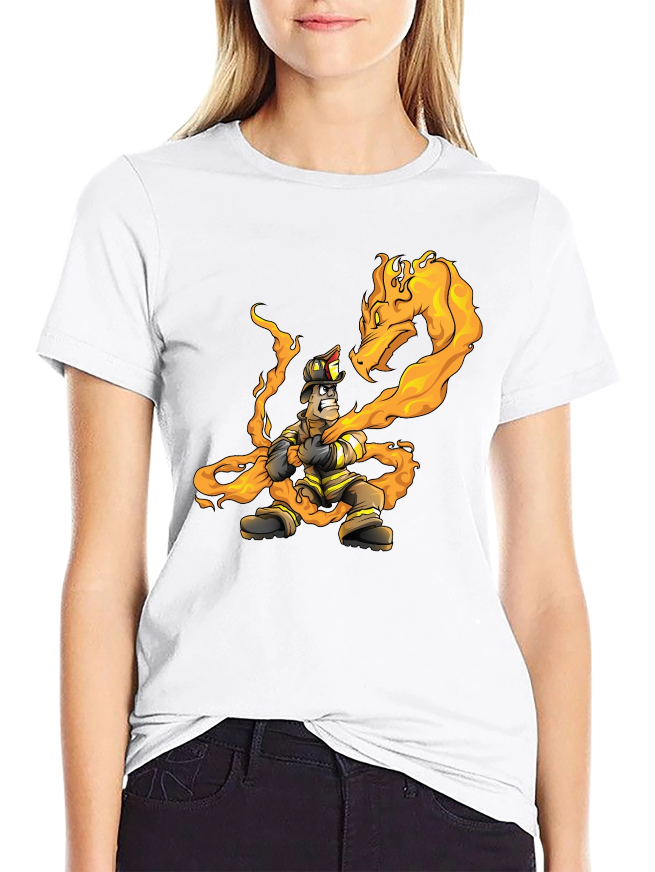 Black Firefighter vs Dragon Graphic T-Shirt - Cool Design view 9