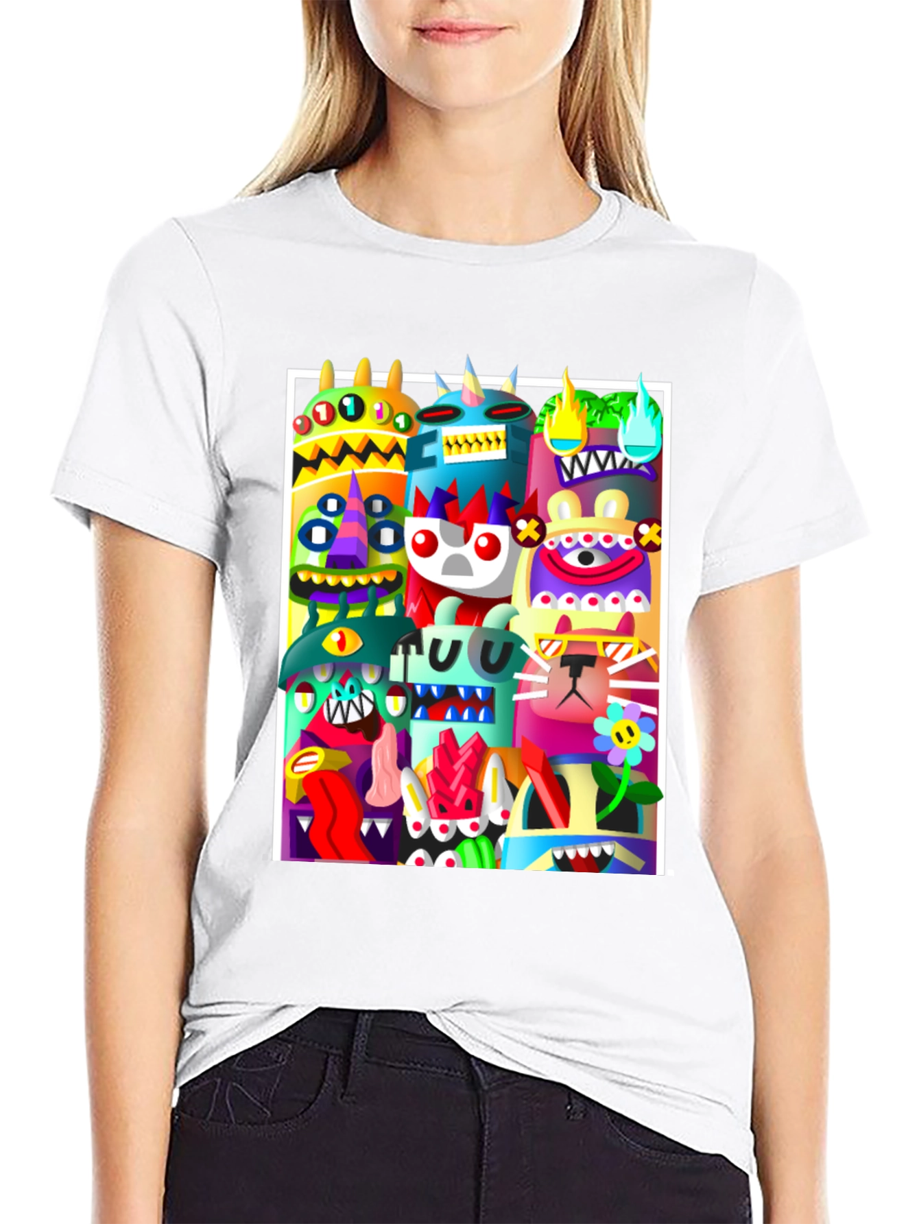 Black Colorful Cartoon Monster Graphic Print Black T-Shirt view 9