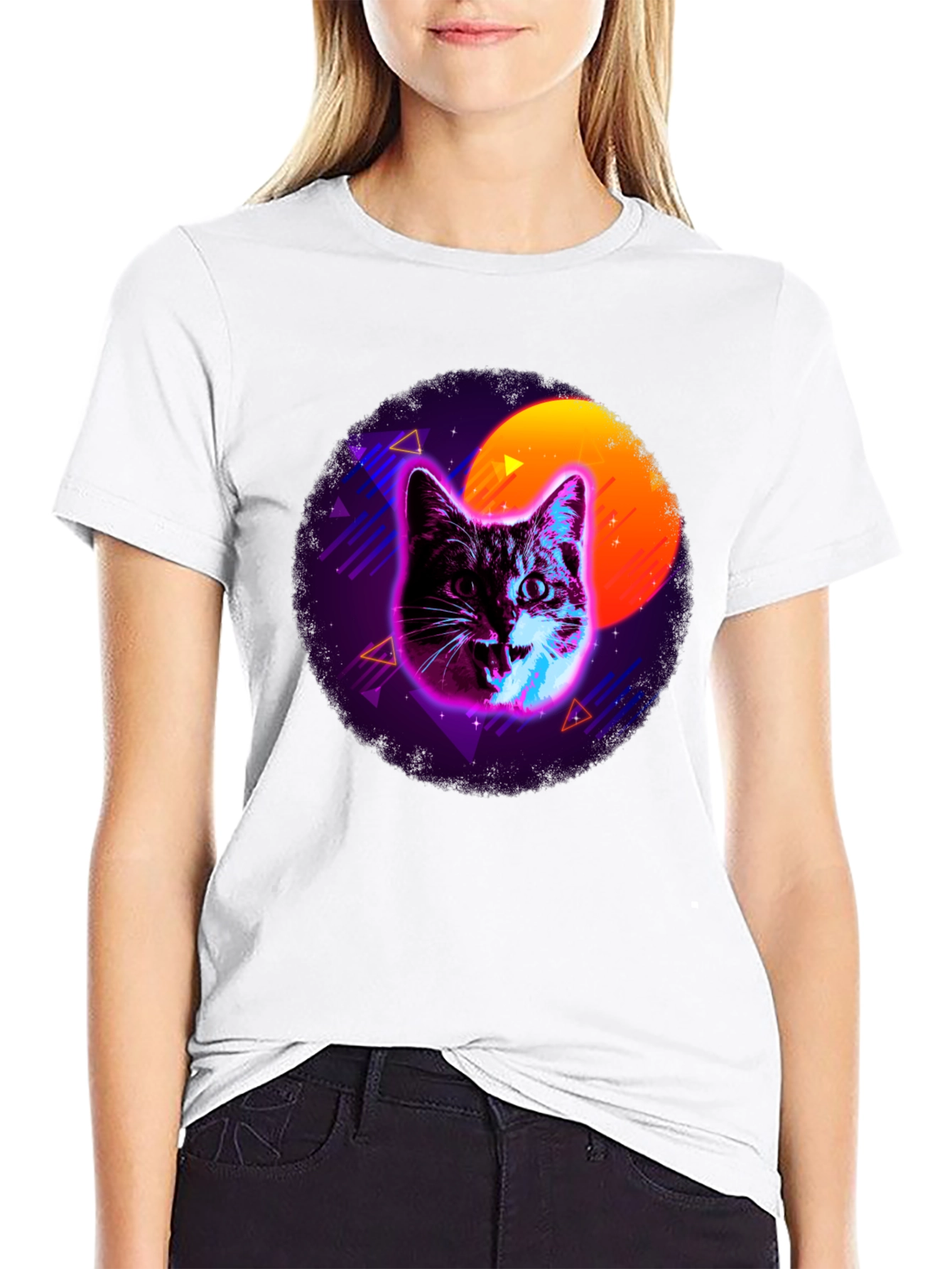 Black Retro Cat T-Shirt - Vaporwave Style view 9