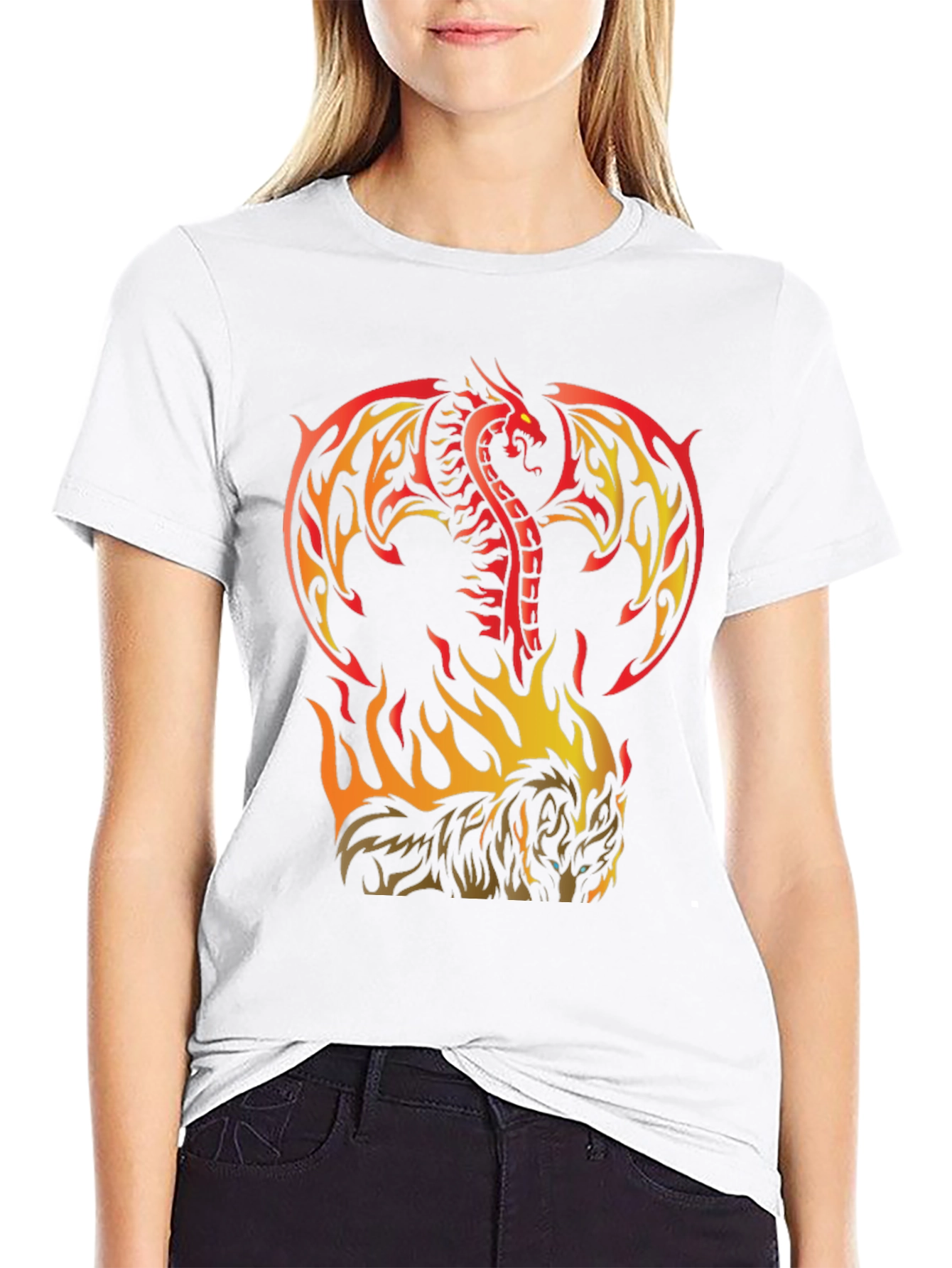 Black Fiery Dragon & Wolf Graphic Black T-Shirt view 9