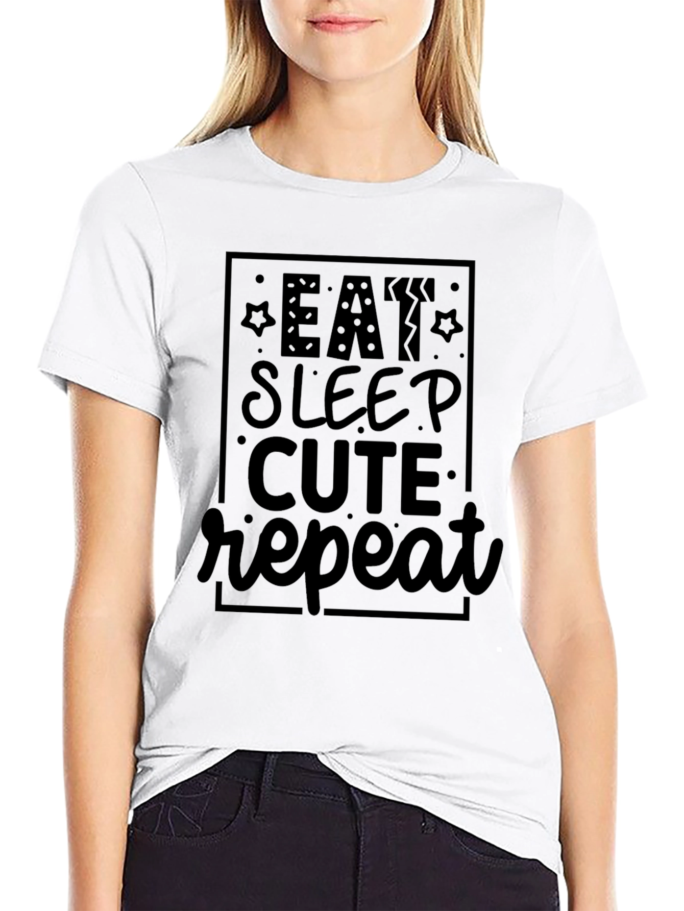 Black Eat Sleep Cute Repeat Black Graphic Tee view 9