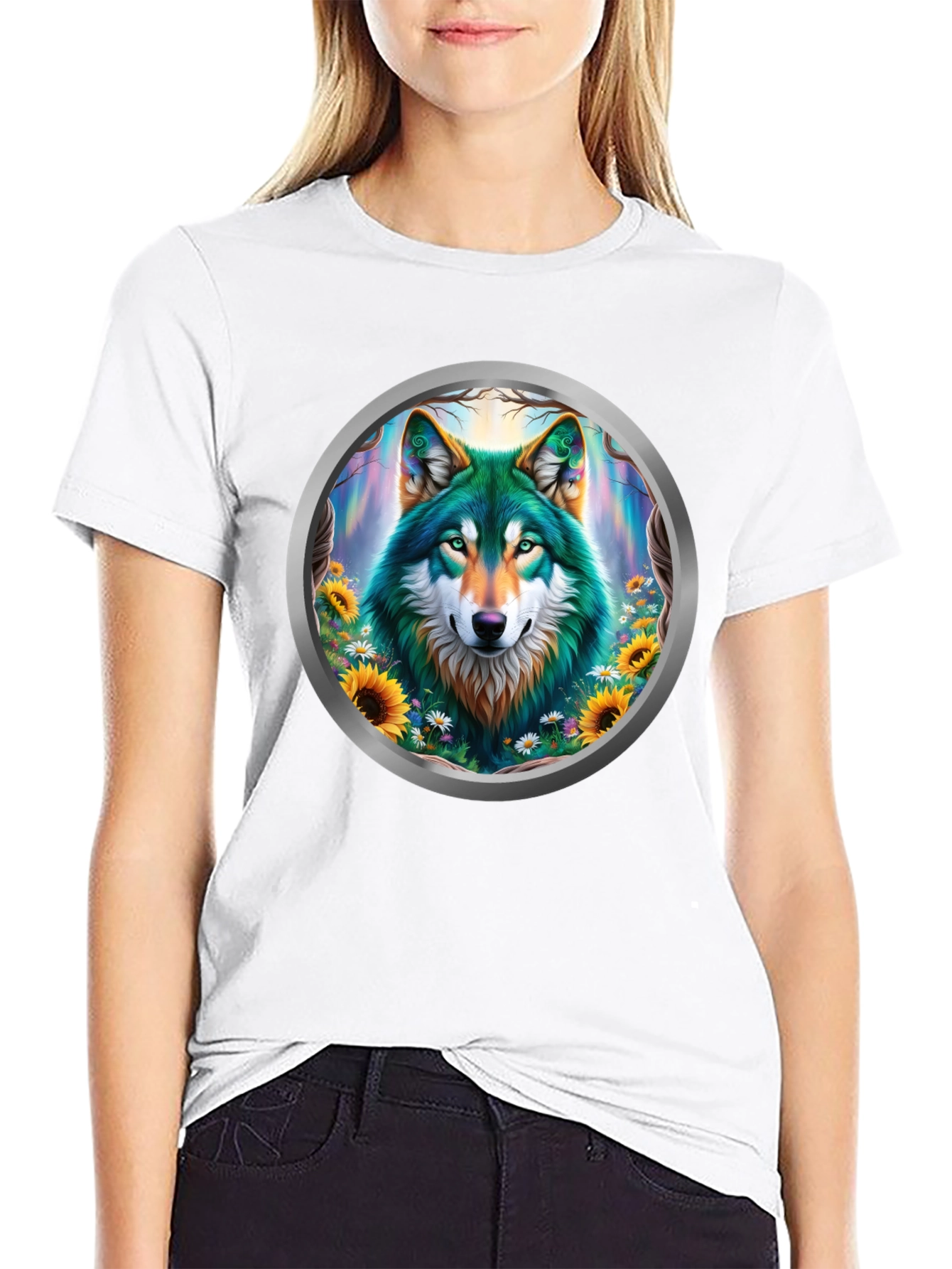 Black Wolf Circle Graphic T-Shirt - Nature Art view 9