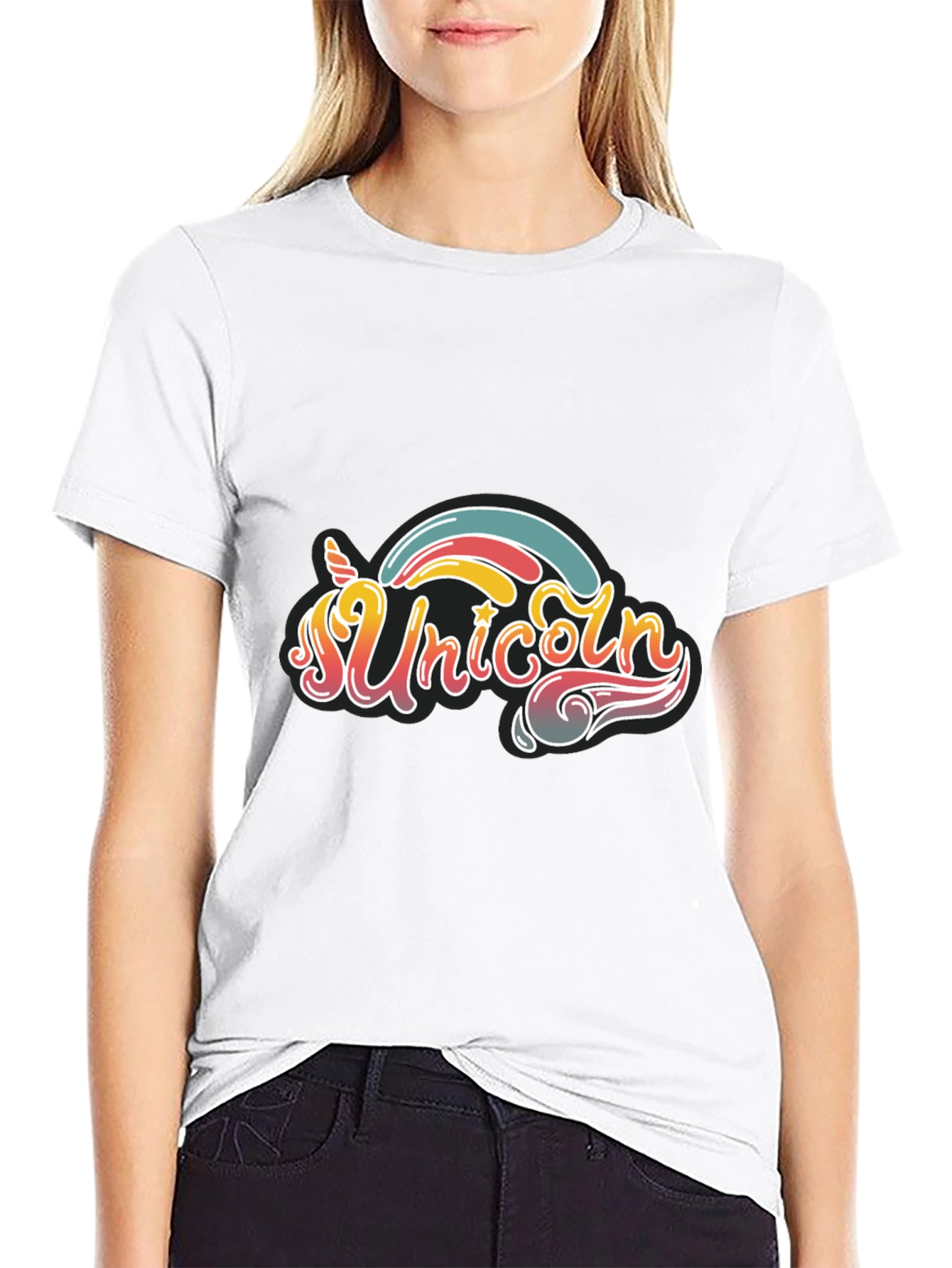 Black Unicorn Rainbow Graphic Tee - Black Cotton T-Shirt view 9
