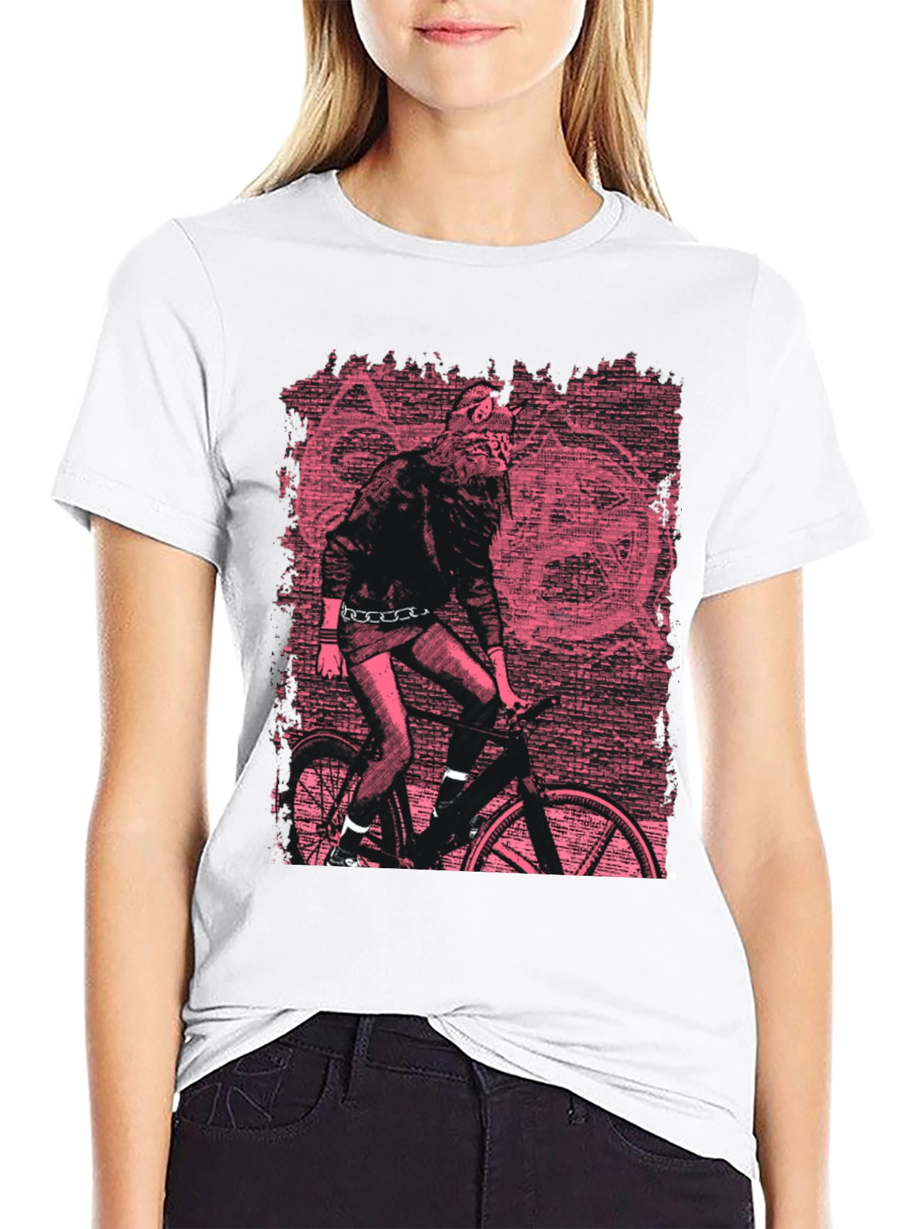 Black Edgy Graphic Tee - Werewolf Biker in Pink view 9