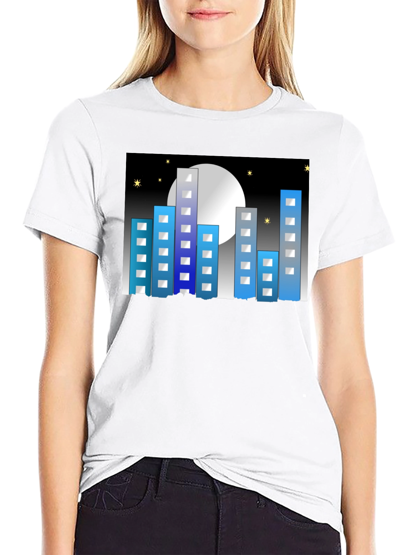 Black Cityscape Moon Graphic Tee - Black Cotton Blend view 9