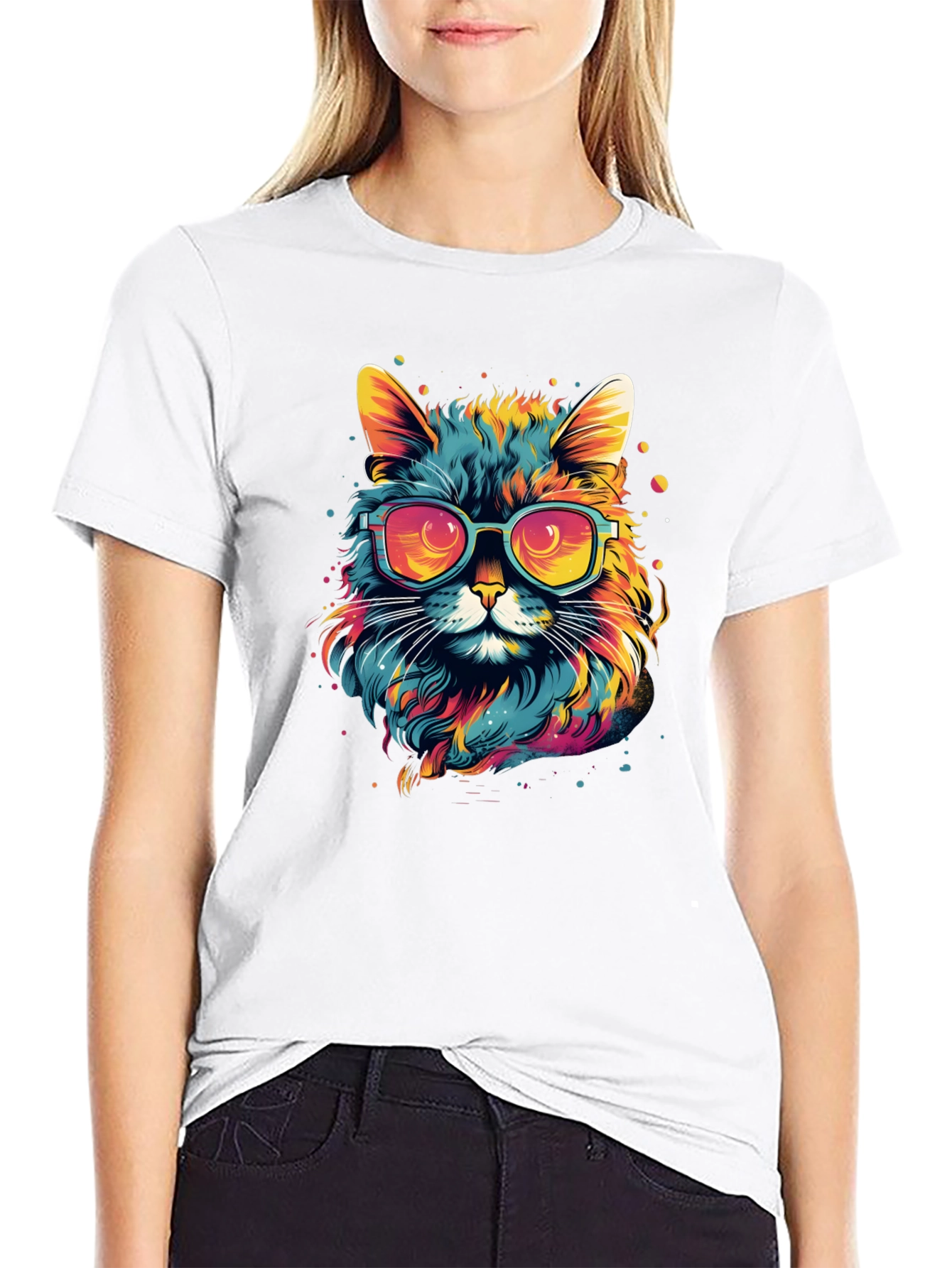 Black Cool Cat Graphic T-Shirt - Colorful Design view 9