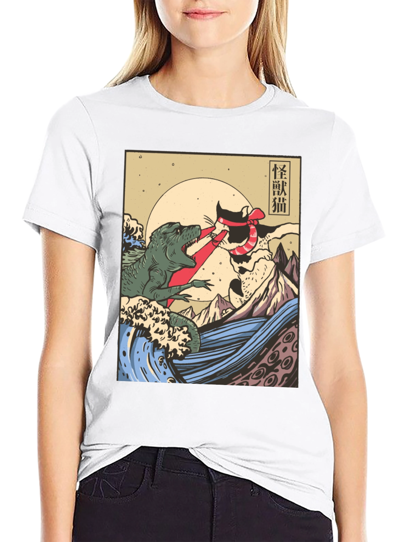 Black Kaiju Cat vs. T-Rex Graphic Tee view 9