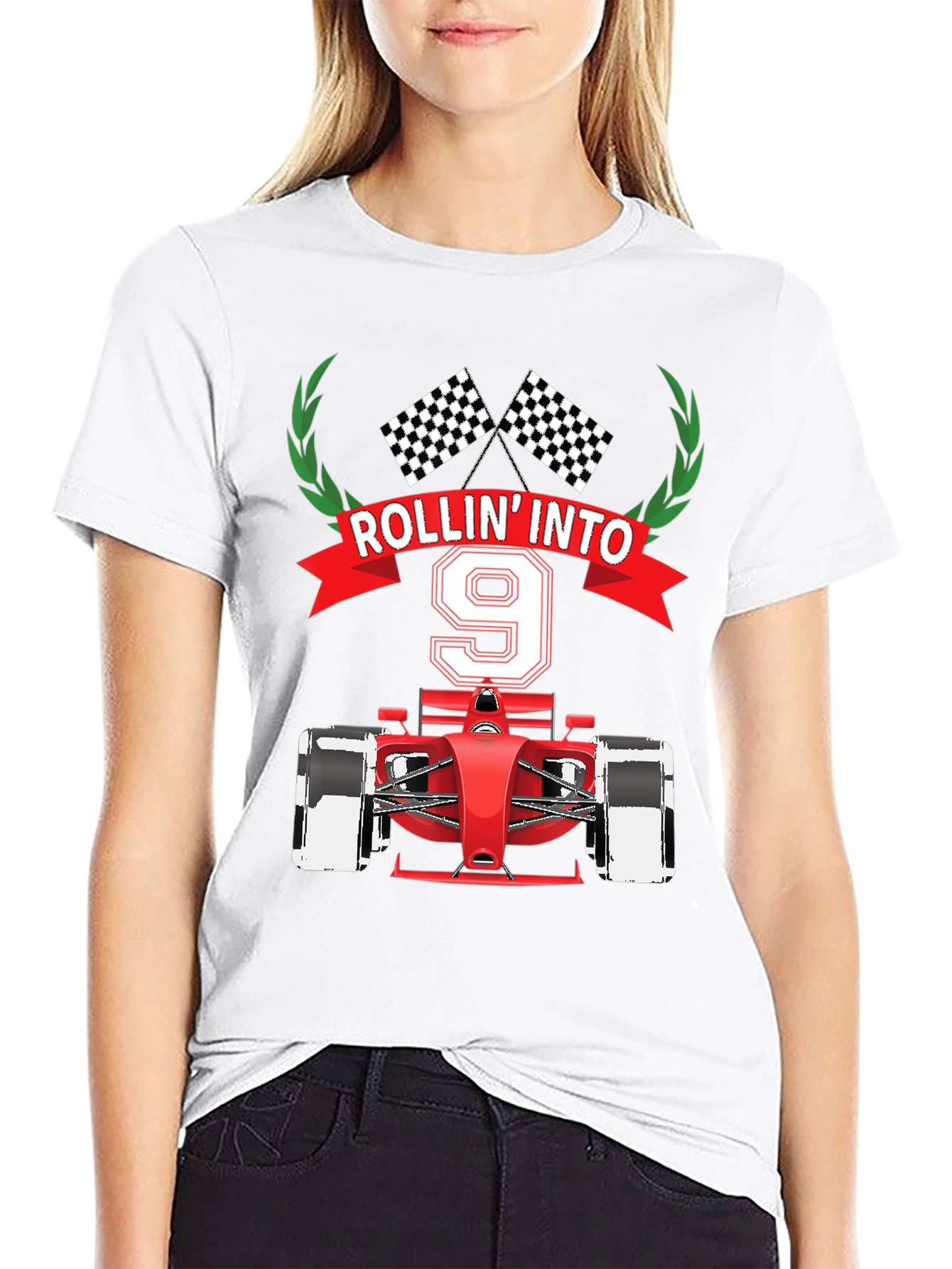 Black Rollin' Into 9 T-Shirt, Race Car Birthday Tee view 9