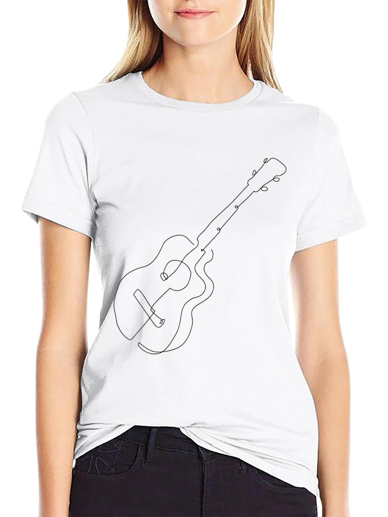 Black Guitar Line Art Graphic Tee - Black Cotton Blend view 9