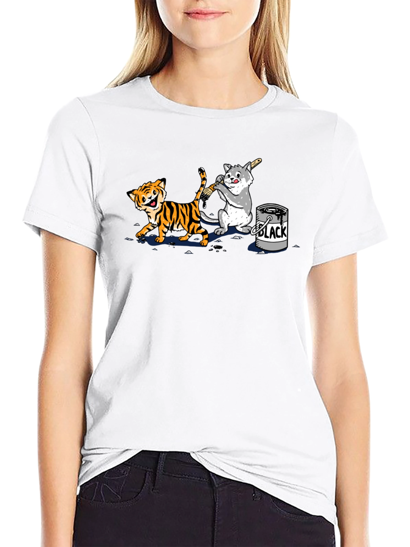 Black Funny Cartoon Cat and Tiger Black T-Shirt view 9