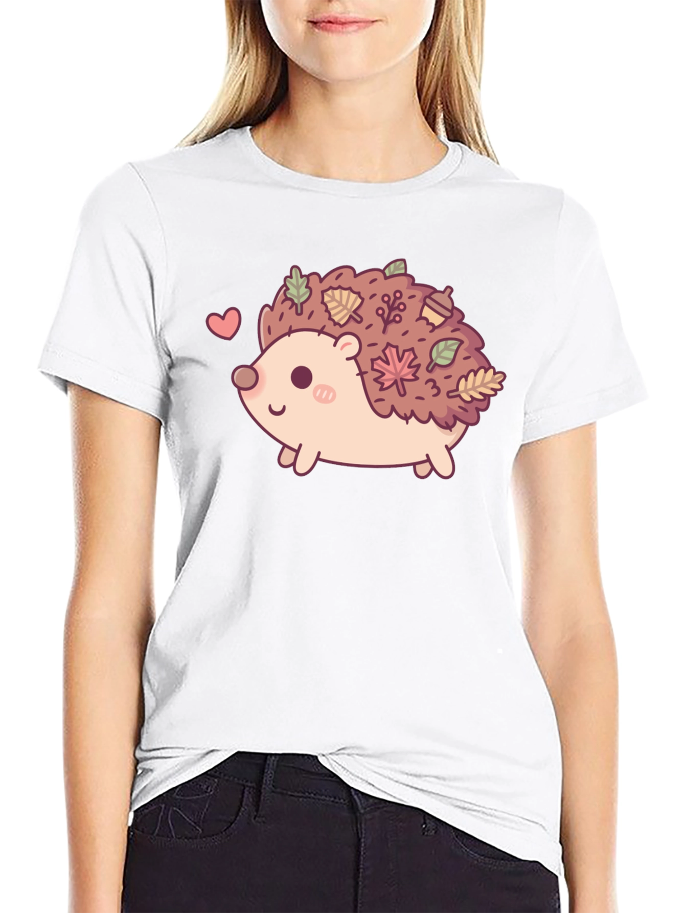 Black Cute Hedgehog Leaves Graphic Tee - Black view 9