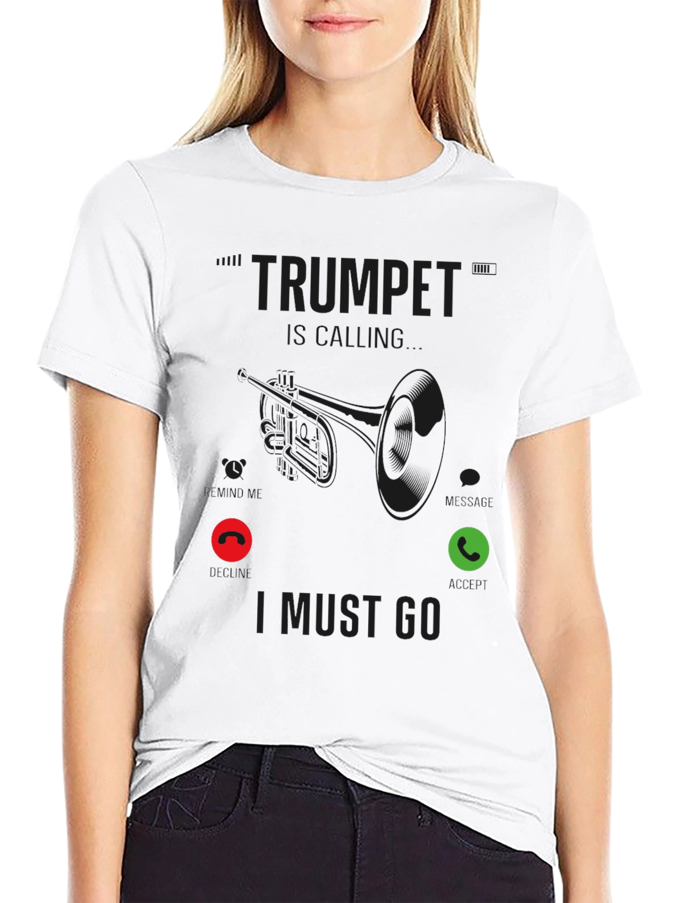 Black Trumpet Calling Black T-Shirt - Musician Humor Tee view 9
